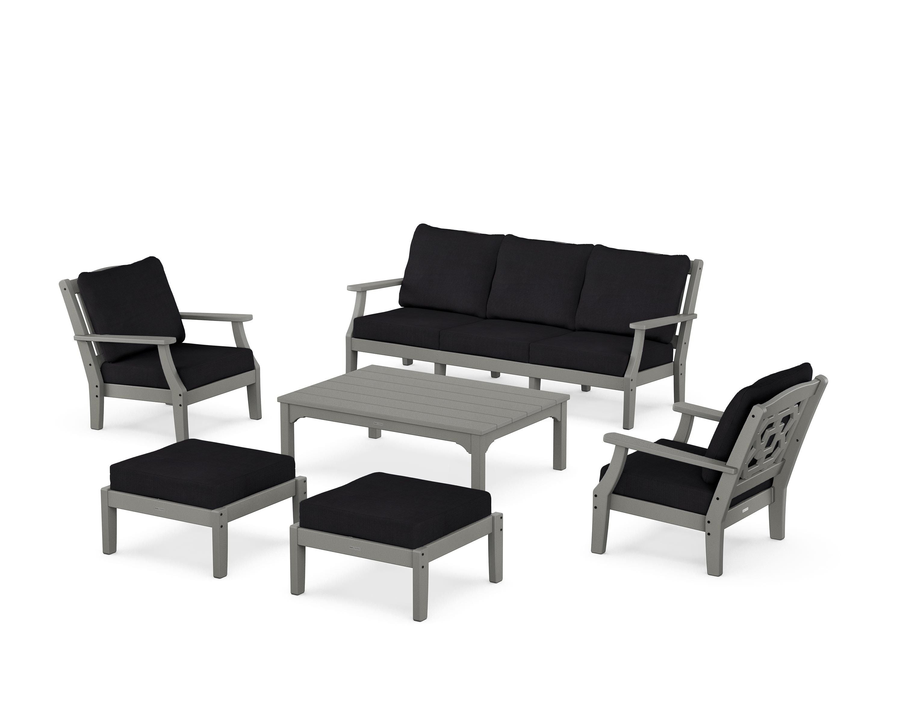 Martha Stewart by POLYWOOD Chinoiserie 6-Piece Lounge Sofa Set in Slate Grey / Midnight Linen