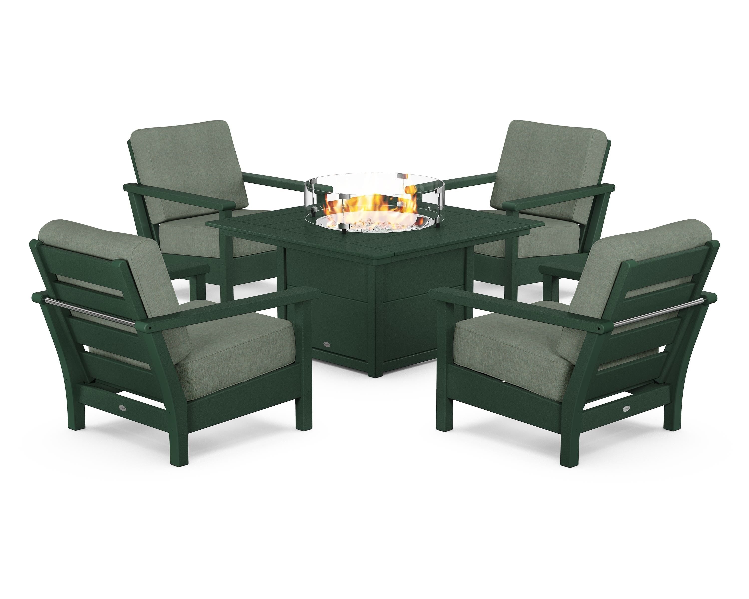 POLYWOOD Harbour 5-Piece Conversation Set with Fire Pit Table in Green / Cast Sage
