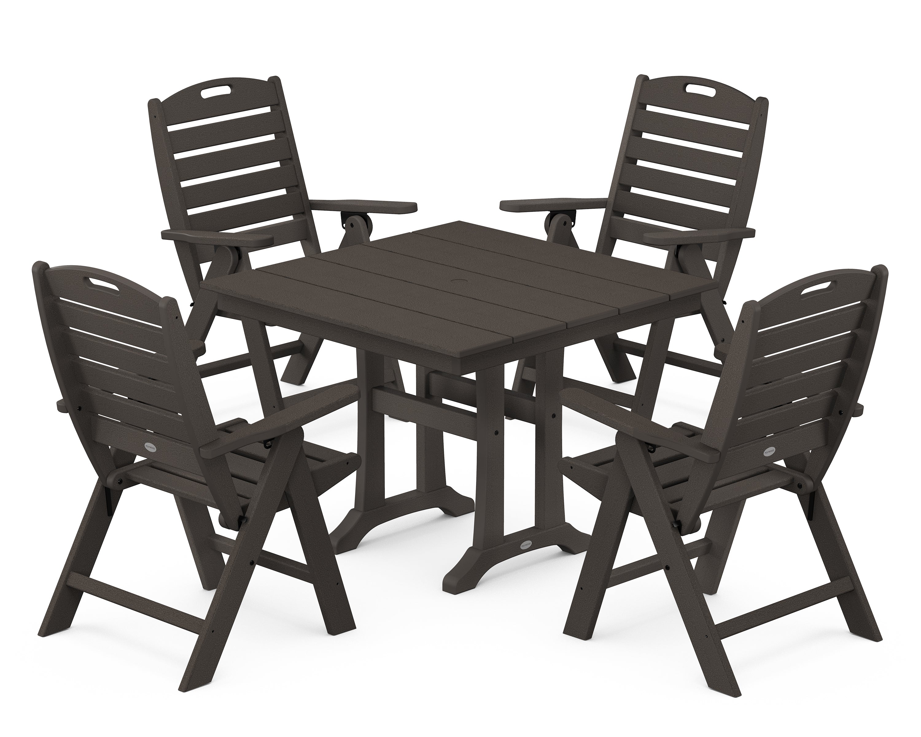 POLYWOOD® Nautical Folding Highback Chair 5-Piece Farmhouse Trestle Dining Set in Vintage Coffee