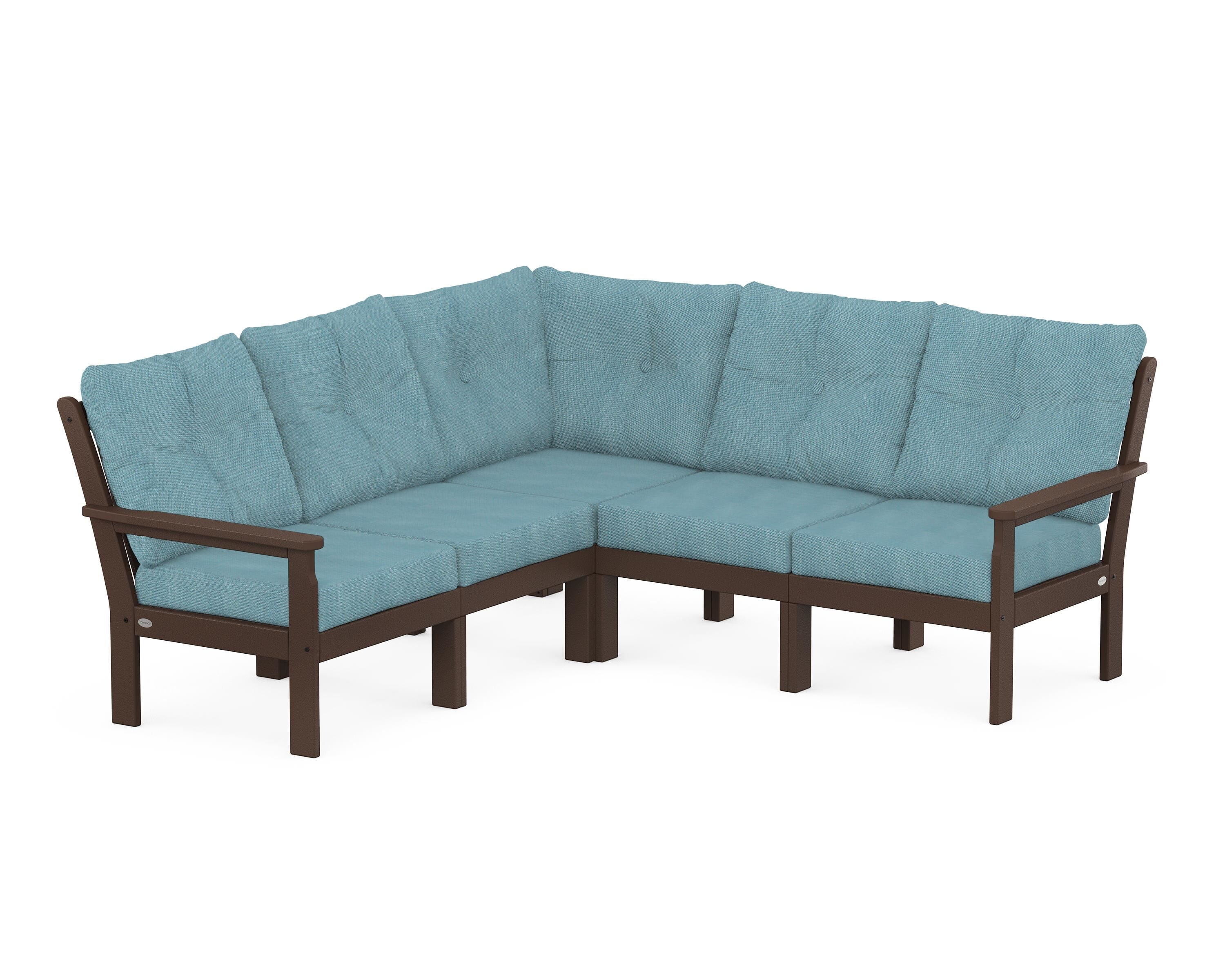 POLYWOOD Vineyard 5-Piece Sectional in Mahogany / Lattice Sky Blue