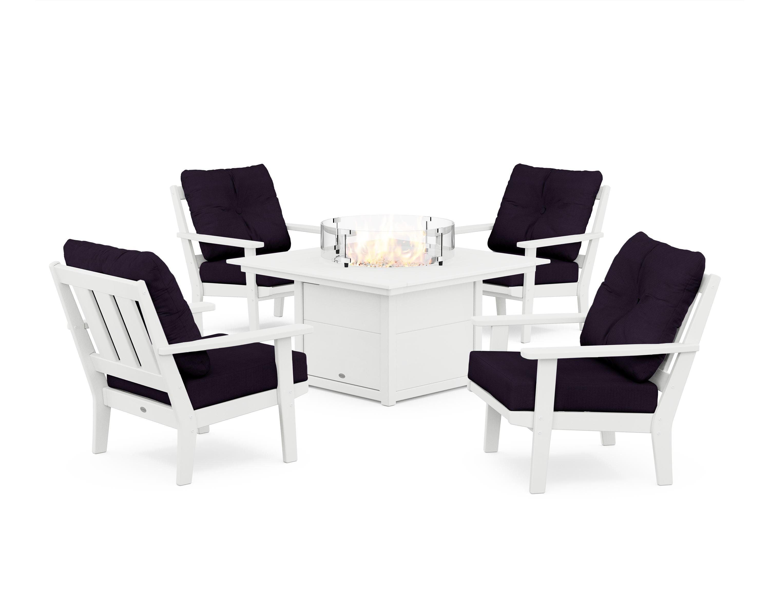 POLYWOOD Oxford 5-Piece Deep Seating Set with Fire Pit Table in White / Navy Linen