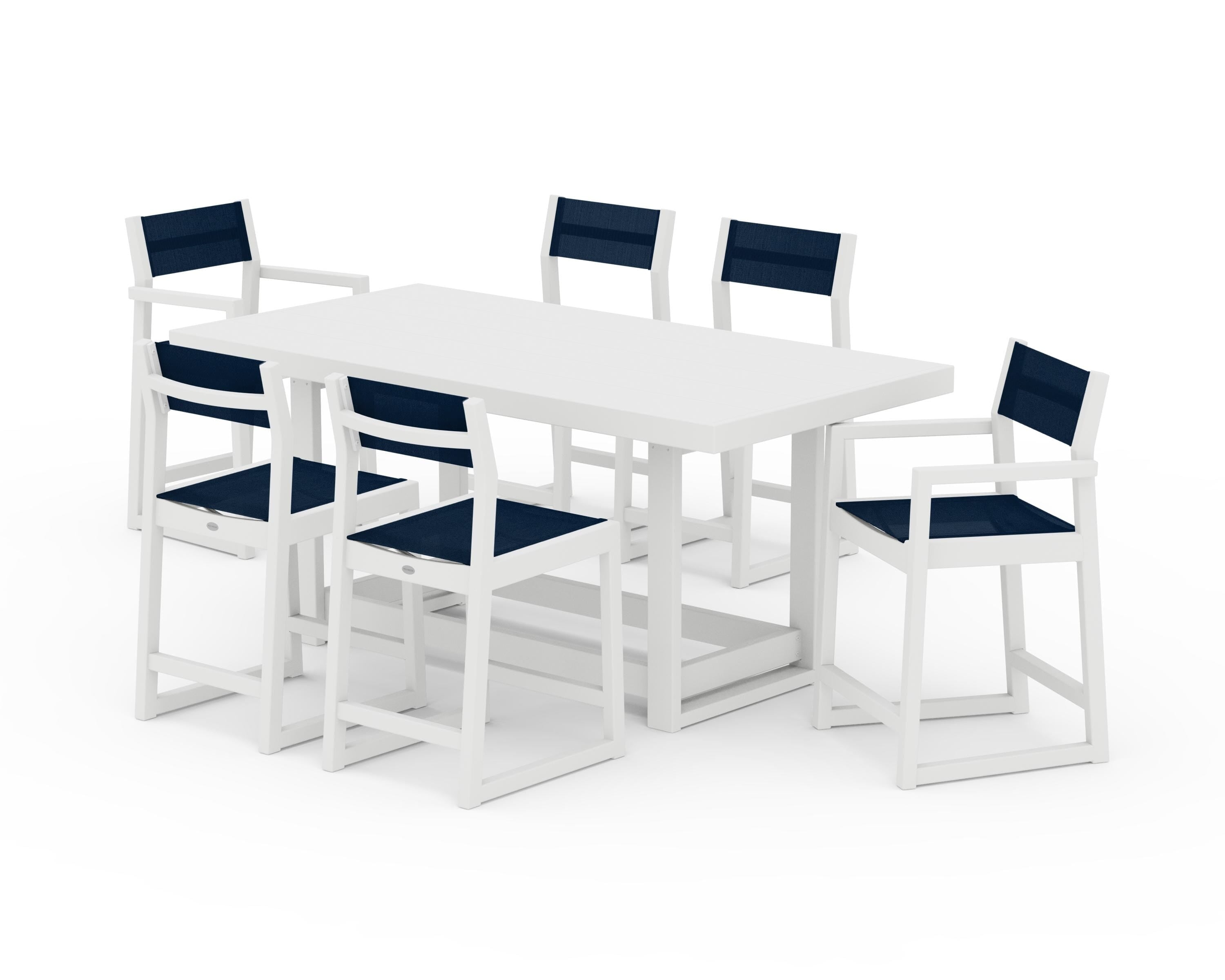 POLYWOOD EDGE Sling 7-Piece Counter Table Set in White / Navy Blue Sling