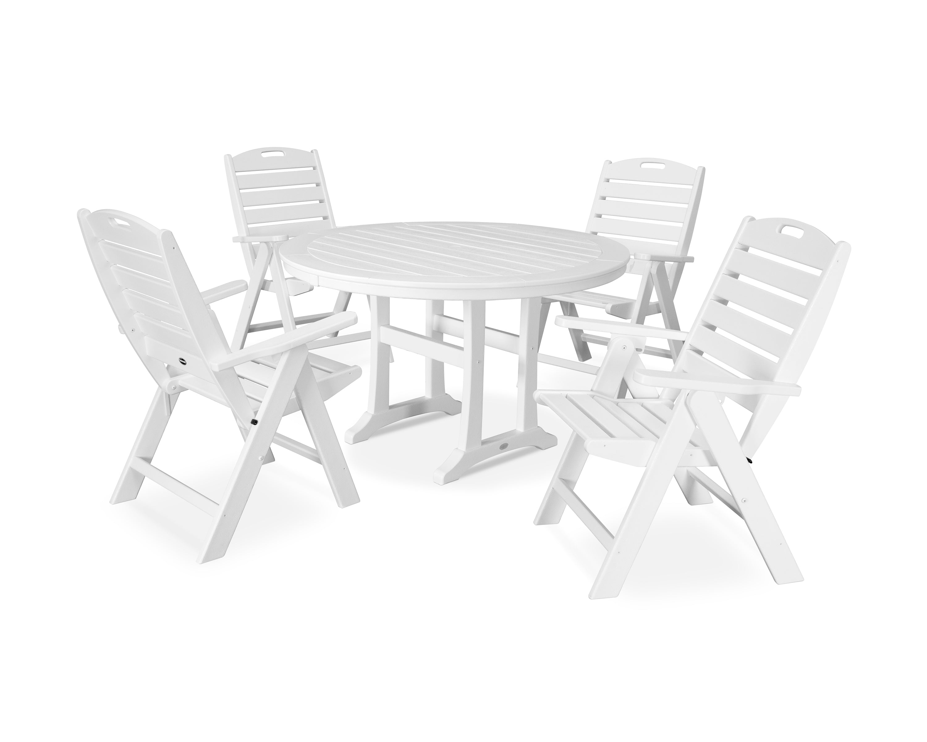 POLYWOOD® 5-Piece Nautical Highback Chair Round Dining Set with Trestle Legs in White