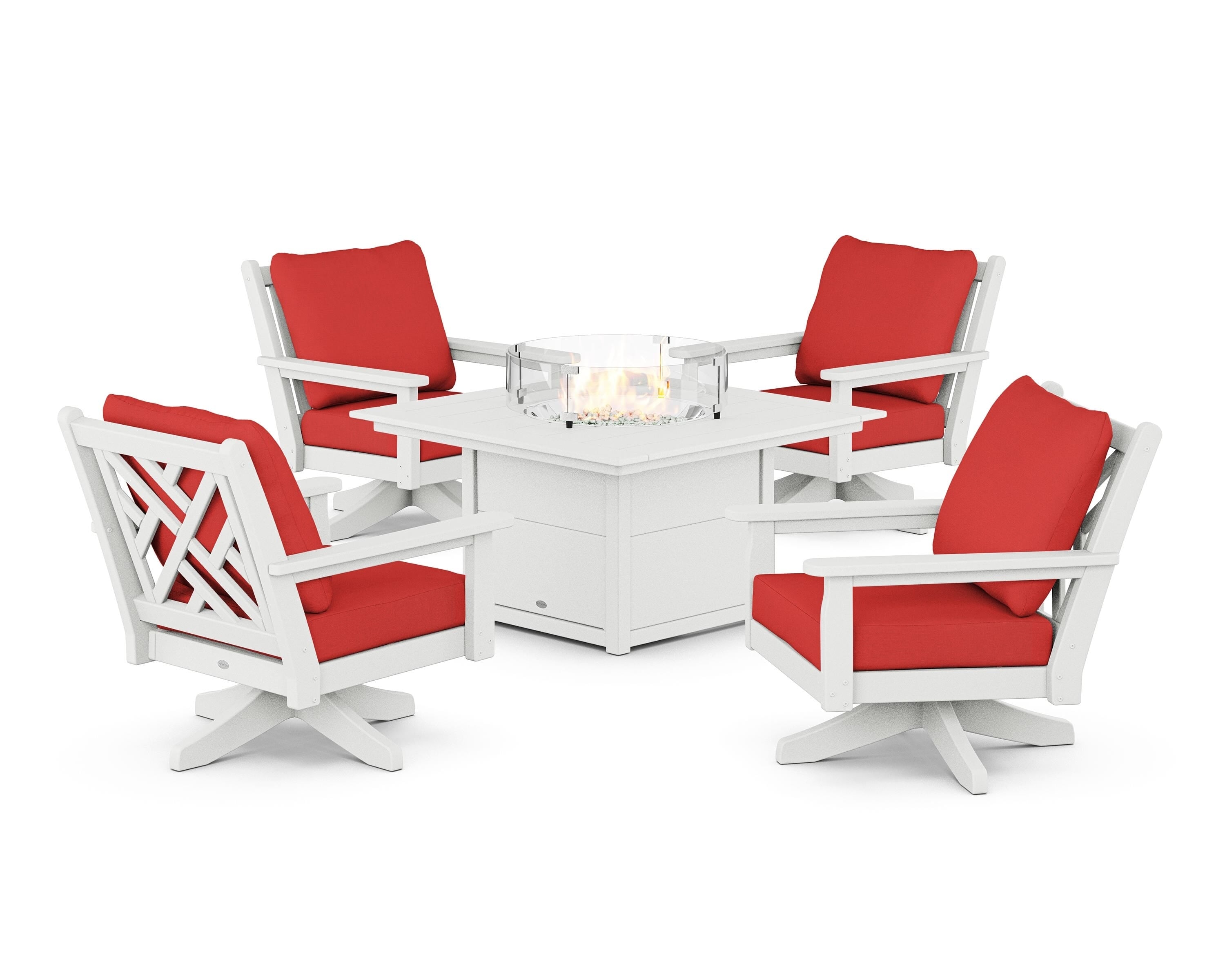 POLYWOOD Chippendale 5-Piece Deep Seating Swivel Conversation Set with Fire Pit Table in White / Crimson Linen