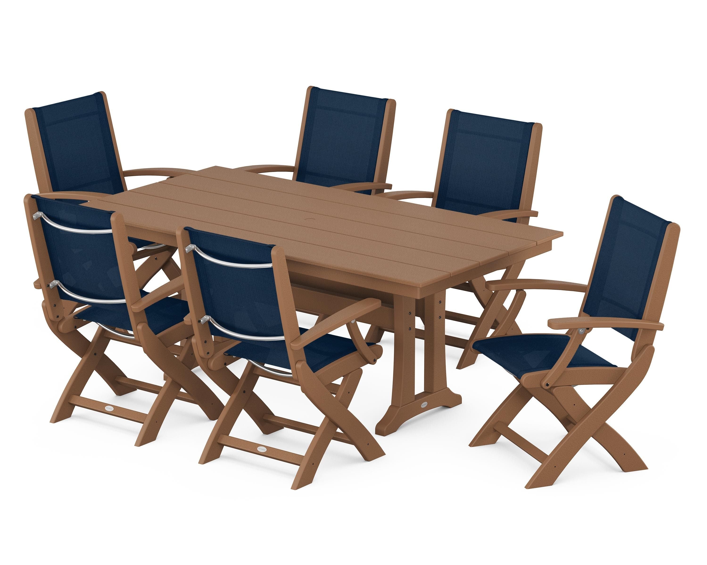 POLYWOOD Coastal Folding Arm Chair 7-Piece Farmhouse Dining Set with Trestle Legs in Teak / Navy Blue Sling