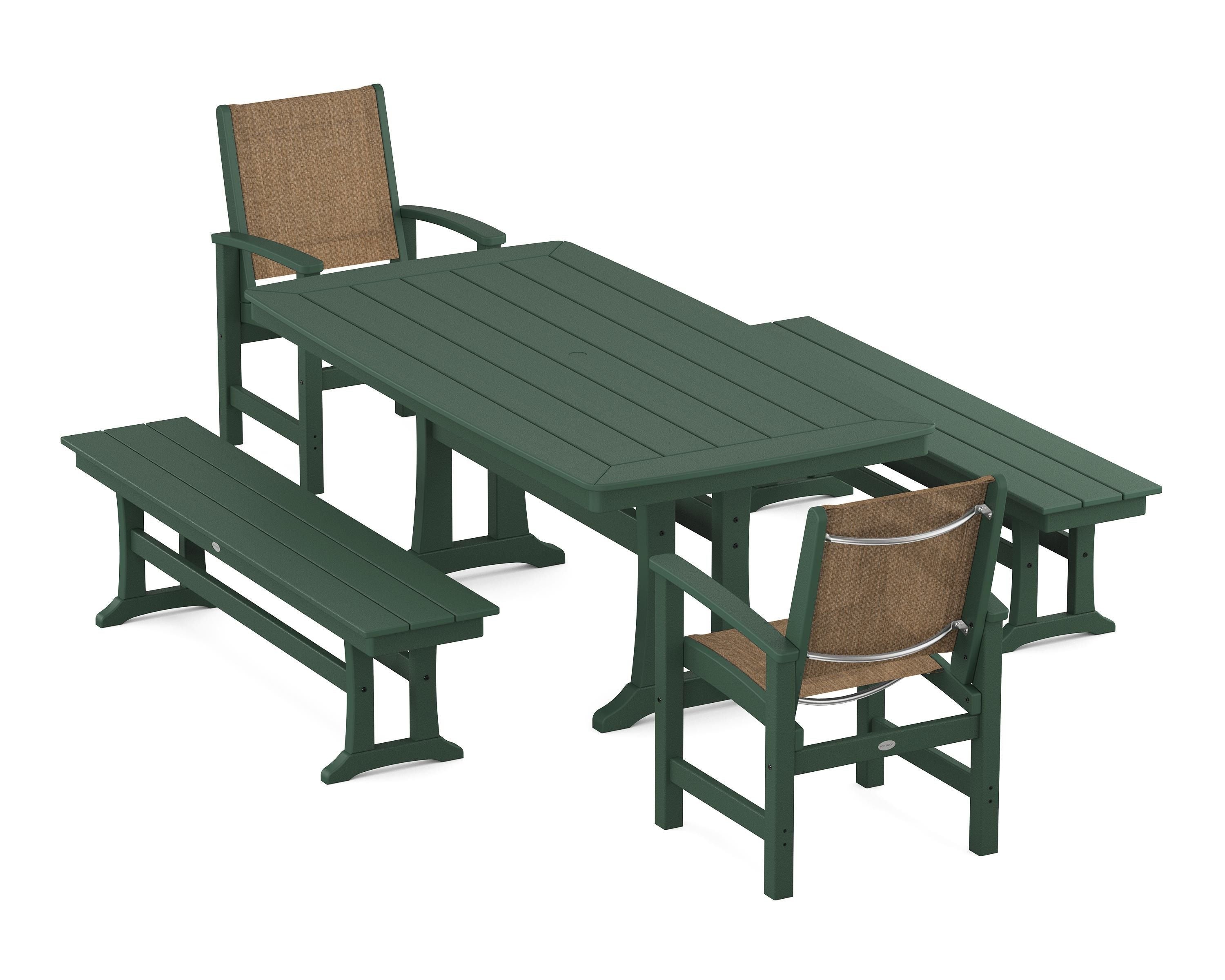 POLYWOOD Coastal 5-Piece Dining Set with Trestle Legs and Benches in Green / Burlap Sling