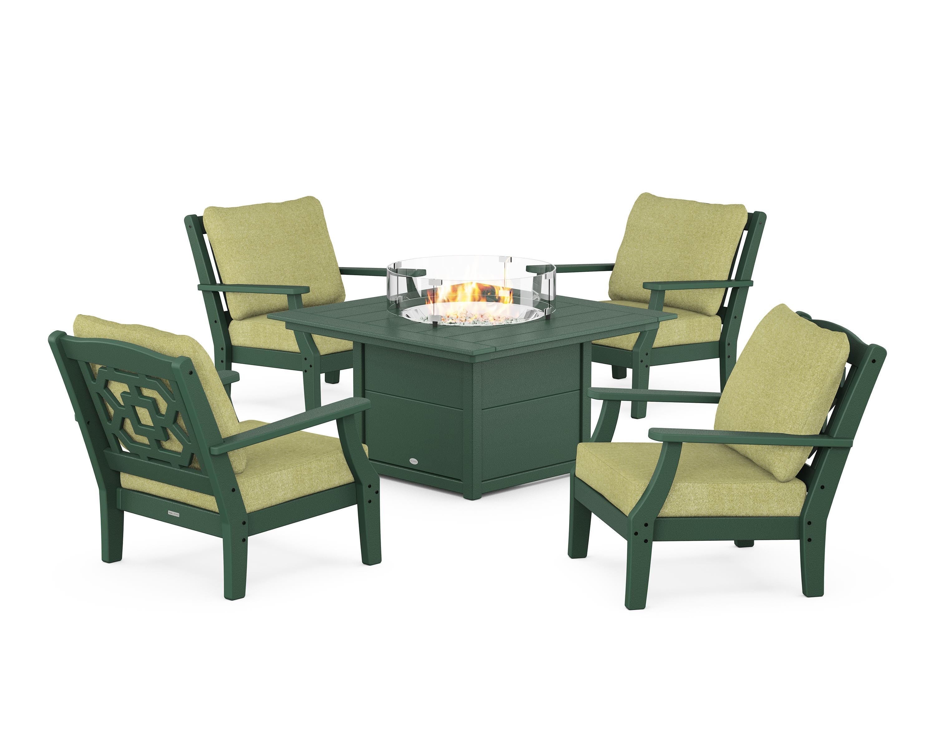 Martha Stewart by POLYWOOD Chinoiserie 5-Piece Deep Seating Set with Fire Pit Table in Green / Chartreuse Boucle