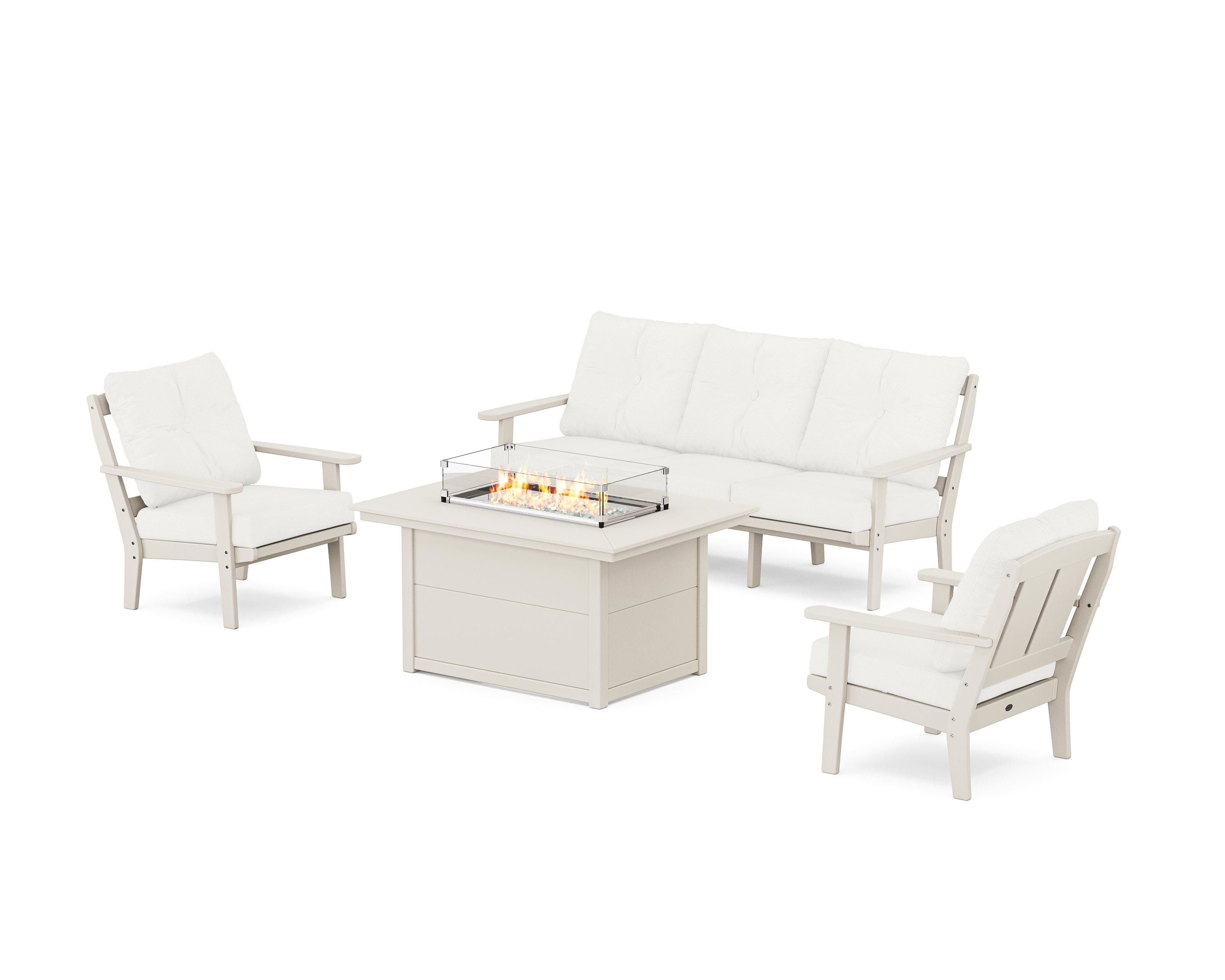 POLYWOOD Mission Deep Seating Fire Pit Table Set in Sand / Natural Linen