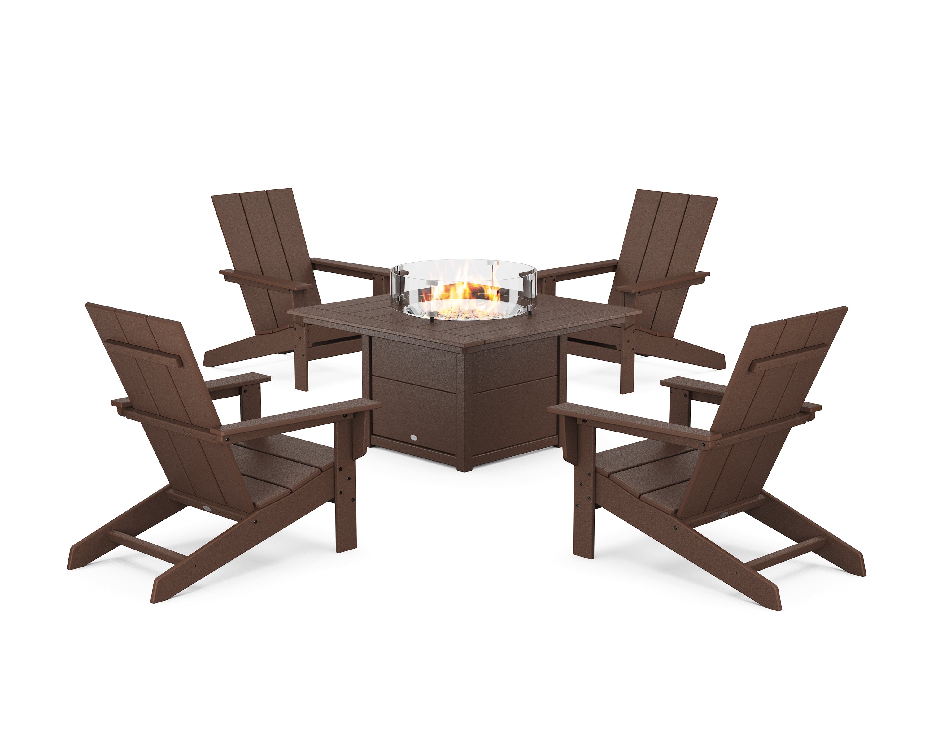 POLYWOOD 5-Piece Modern Studio Adirondack Conversation Set with Fire Pit Table in Mahogany
