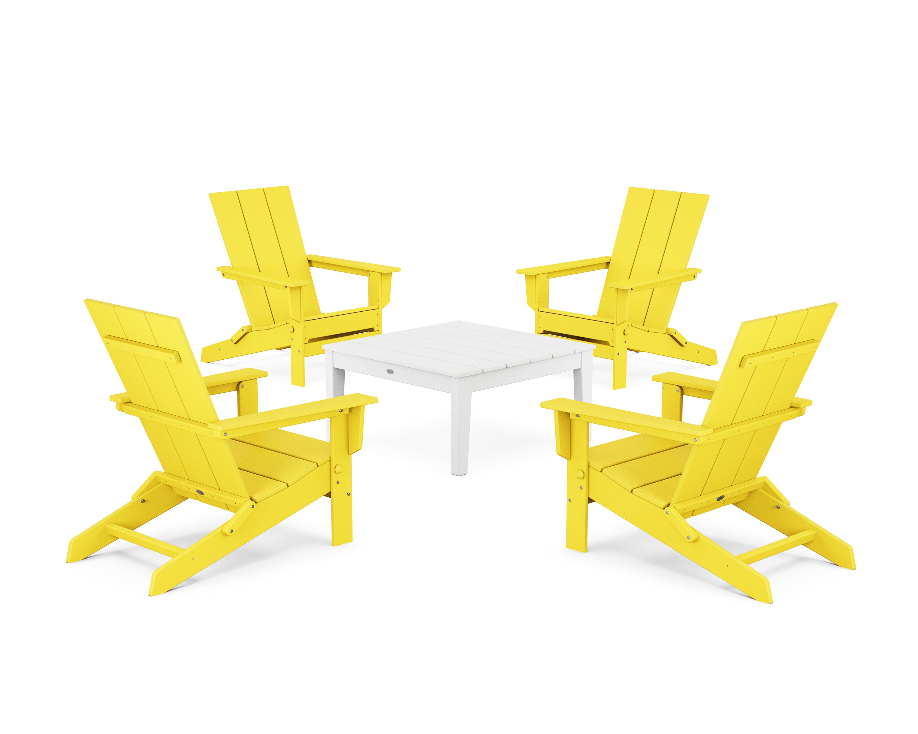 POLYWOOD 5-Piece Modern Studio Folding Adirondack Chair Conversation Group in Lemon / White