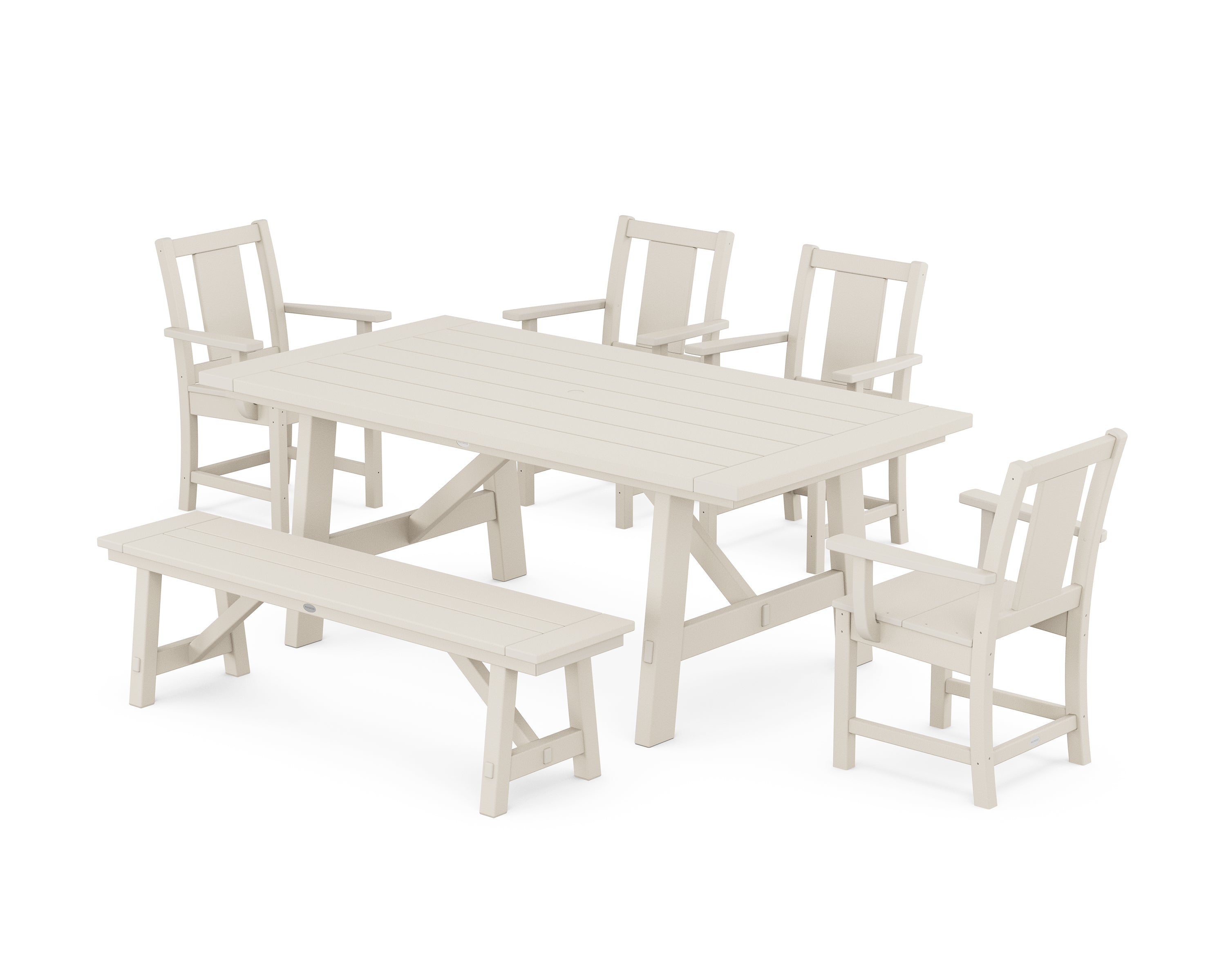 POLYWOOD Prairie 6-Piece Rustic Farmhouse Dining Set with Bench in Sand