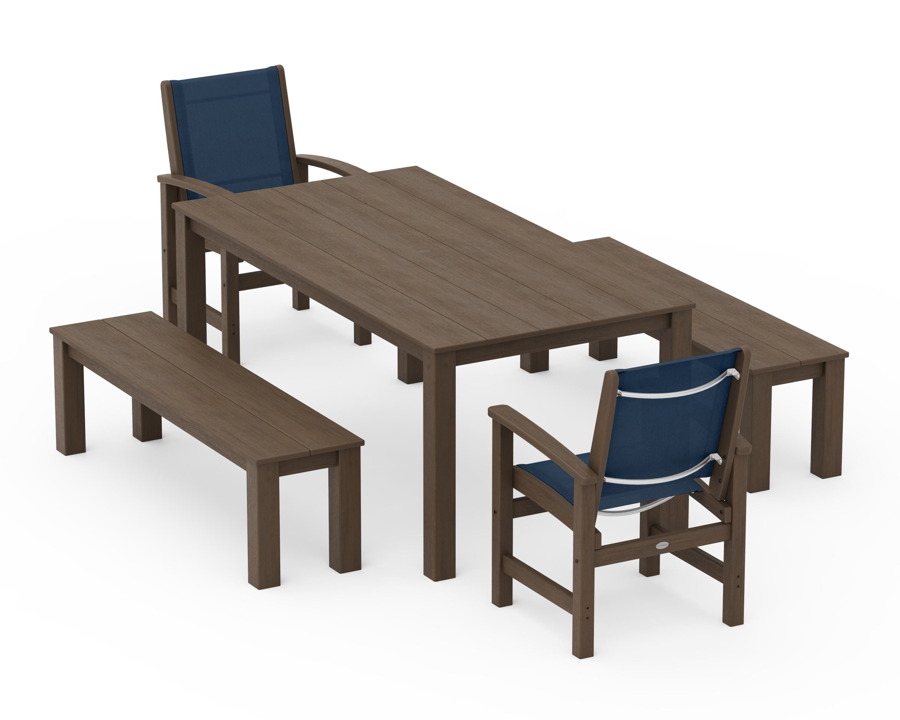 POLYWOOD Coastal 5-Piece Parsons Dining Set with Benches in Kona / Navy Blue Sling