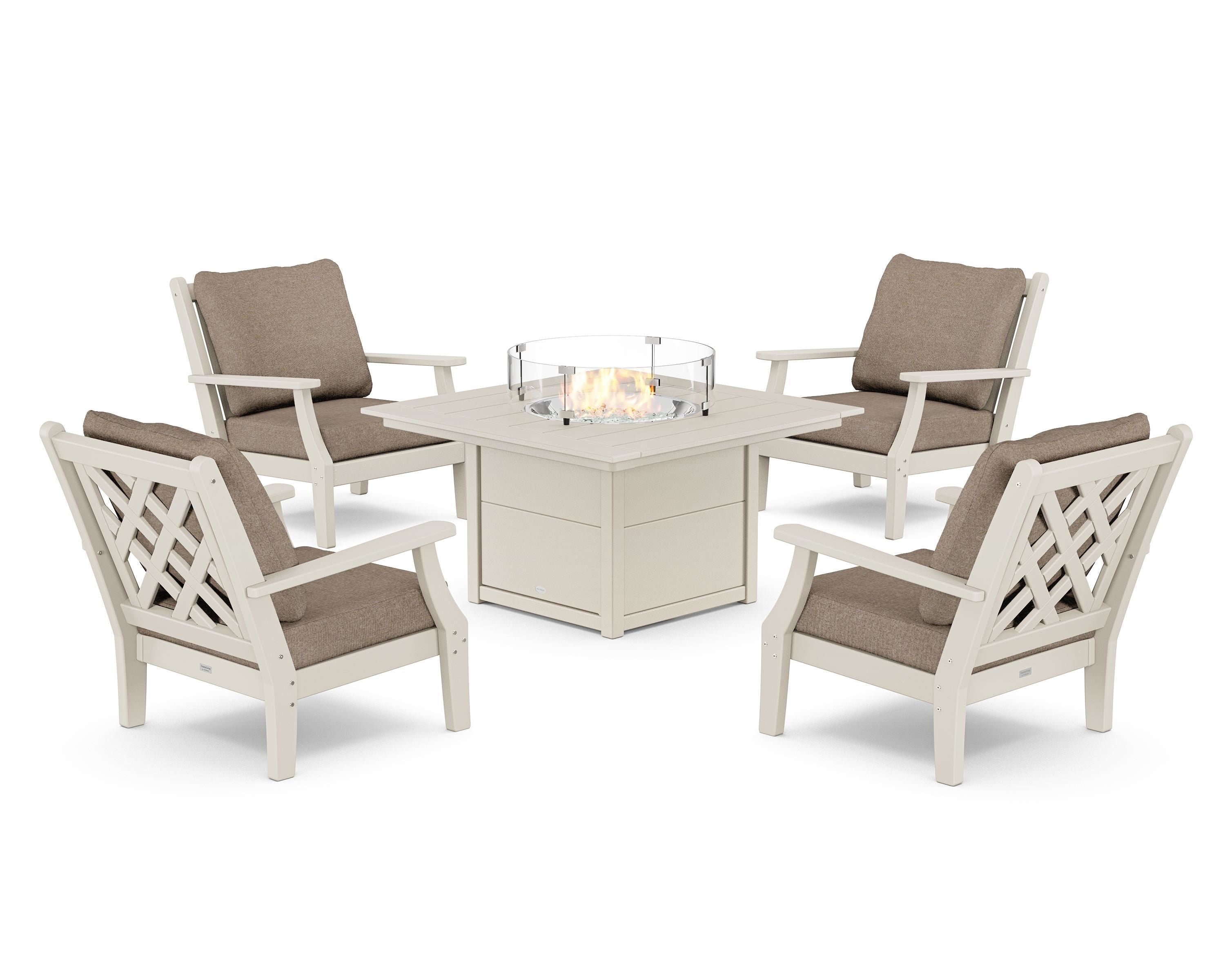Country Living Wovendale 5-Piece Deep Seating Set with Fire Pit Table in Sand / Spiced Burlap