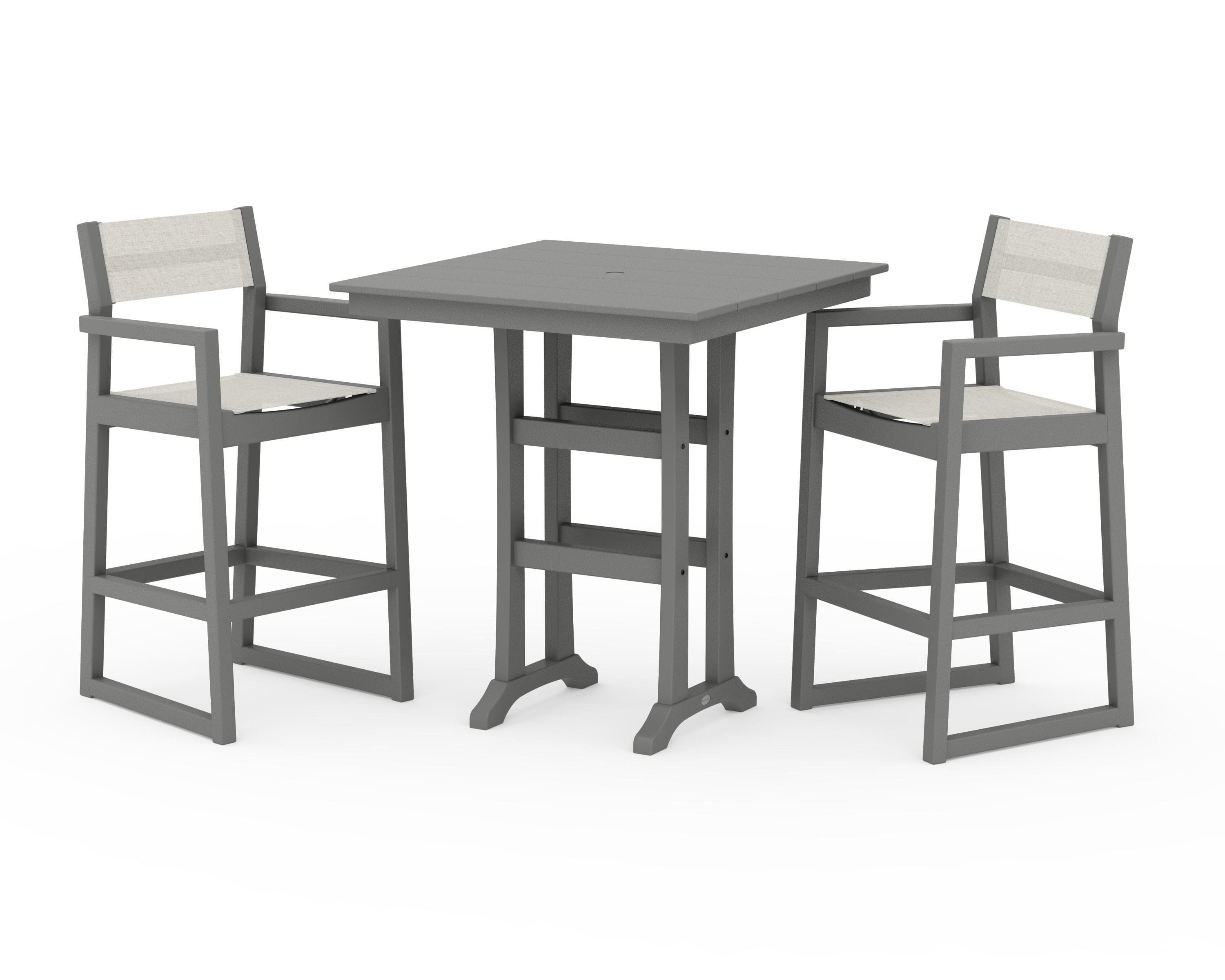 POLYWOOD EDGE Sling Arm Chair 3-Piece Farmhouse Bar Set with Trestle Legs in Slate Grey / Parchment Sling