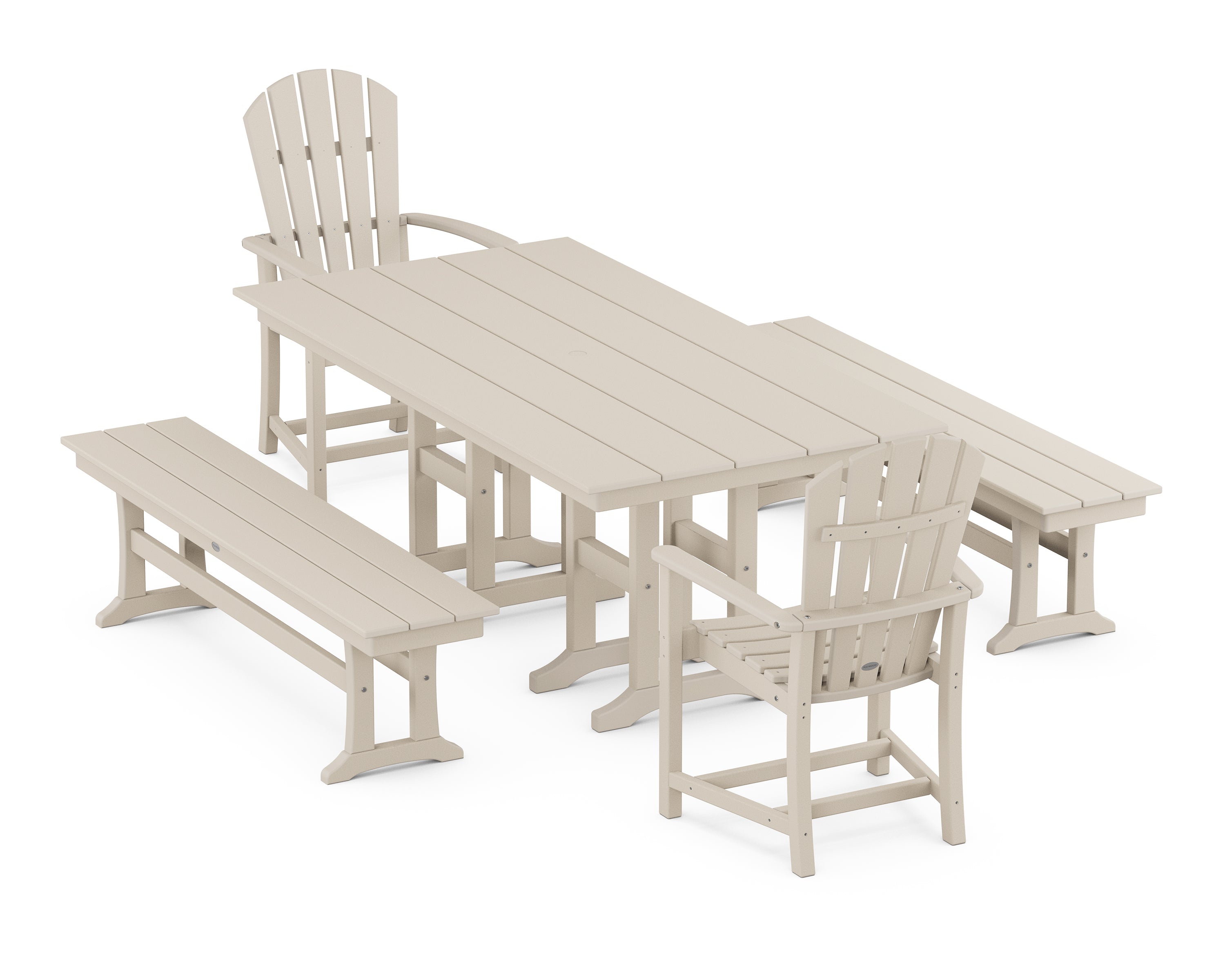 POLYWOOD Palm Coast 5-Piece Farmhouse Dining Set with Benches in Sand
