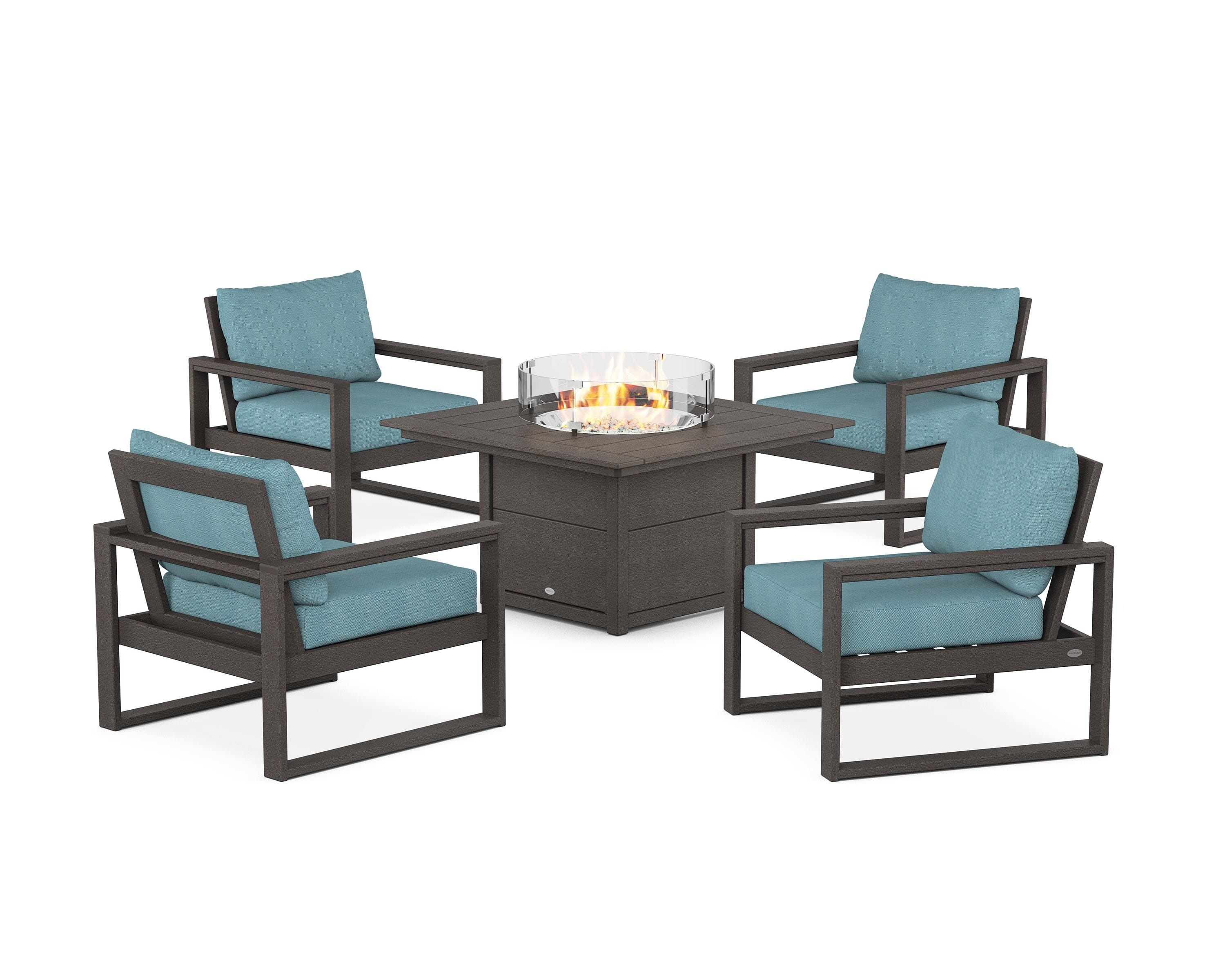 POLYWOOD EDGE Sectional 5-Piece Deep Seating Set with Fire Pit Table in Vintage Coffee / Lattice Sky Blue