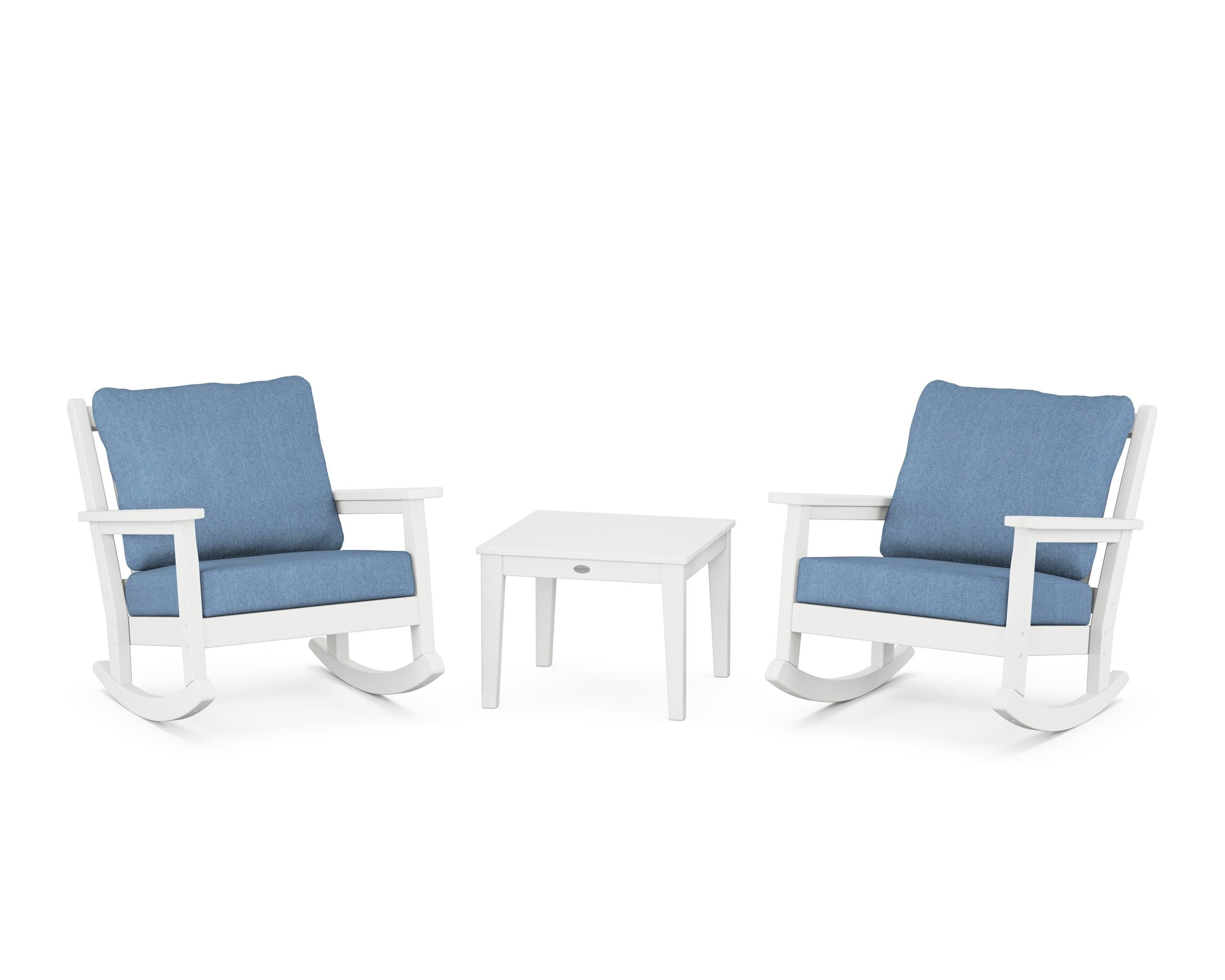 POLYWOOD Chippendale 3-Piece Deep Seating Rocker Set in White / Sky Blue