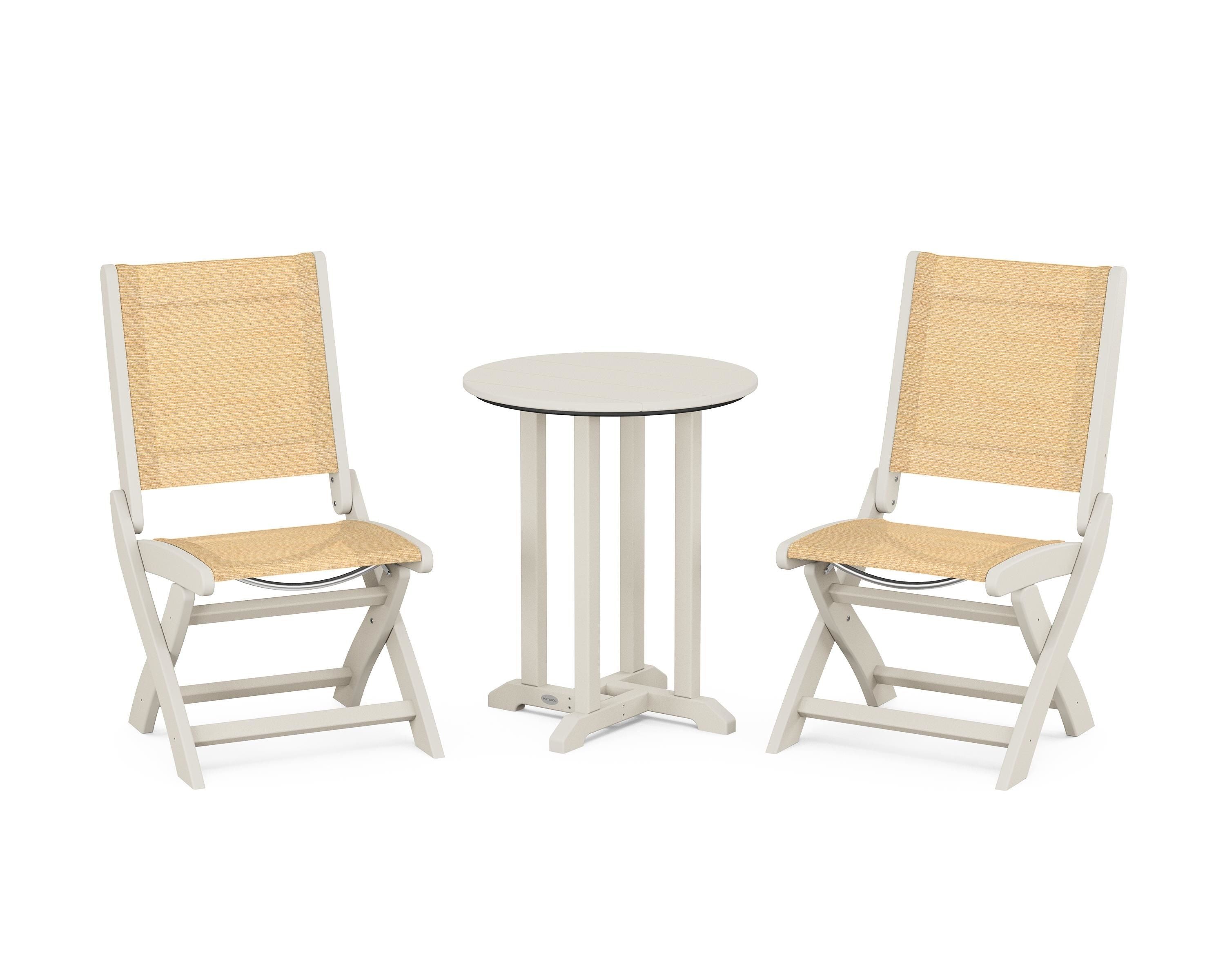 POLYWOOD Coastal Folding Side Chair 3-Piece Round Bistro Dining Set in Sand / Dupioni Apricot Sling