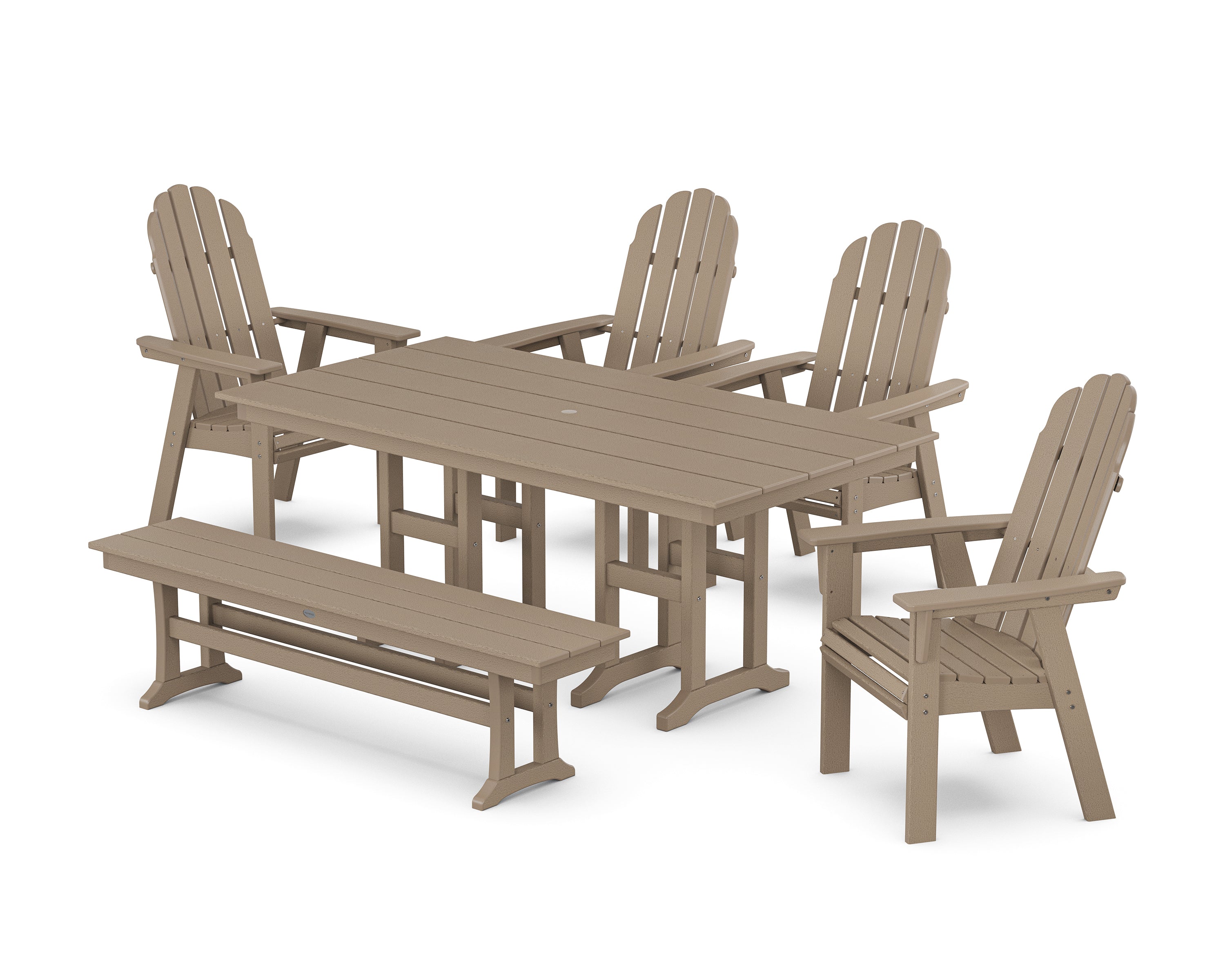POLYWOOD Vineyard Curveback Adirondack Chair 6-Piece Farmhouse Dining Set with Bench in Vintage Sahara
