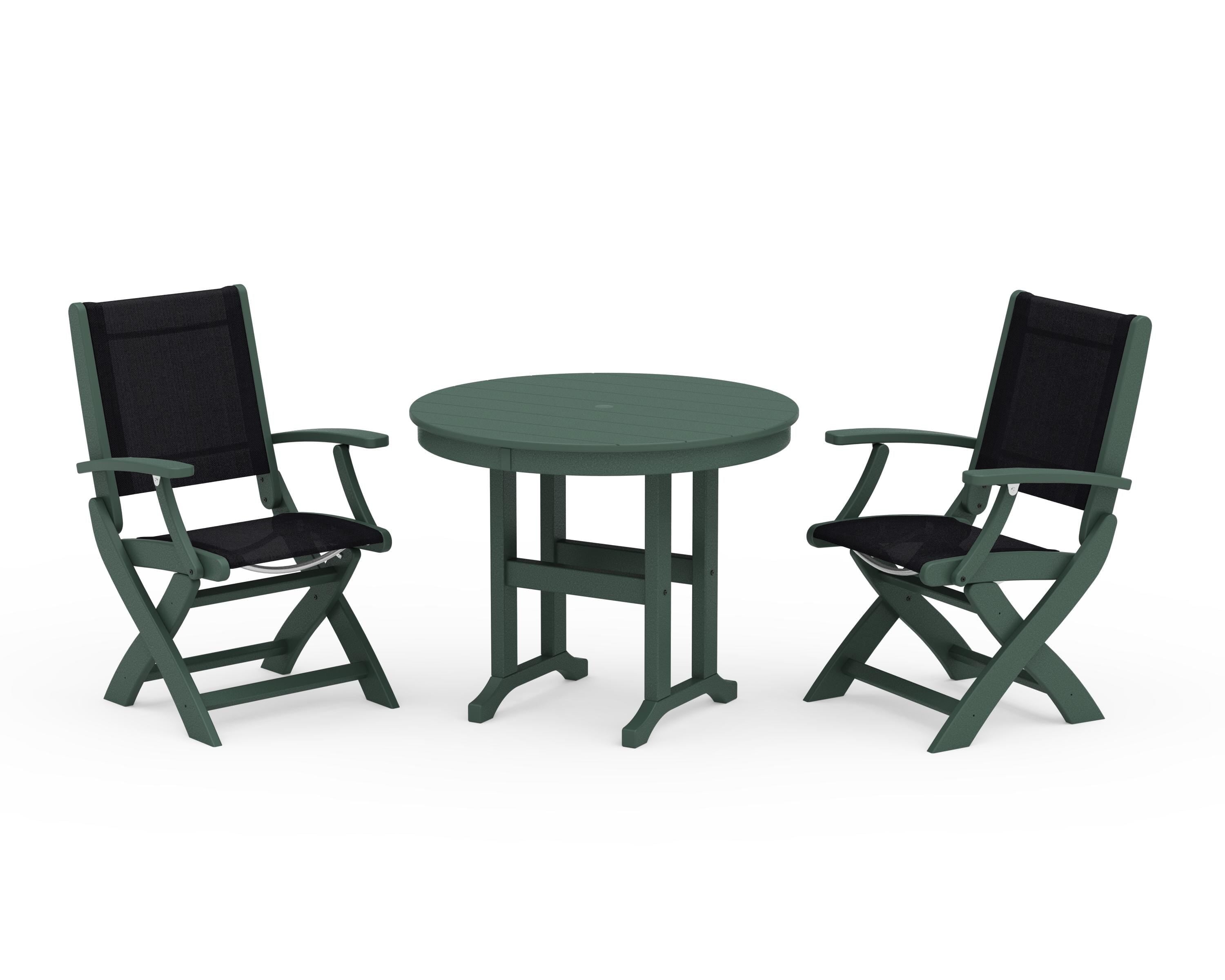 POLYWOOD Coastal Folding Chair 3-Piece Round Dining Set in Green / Black Sling