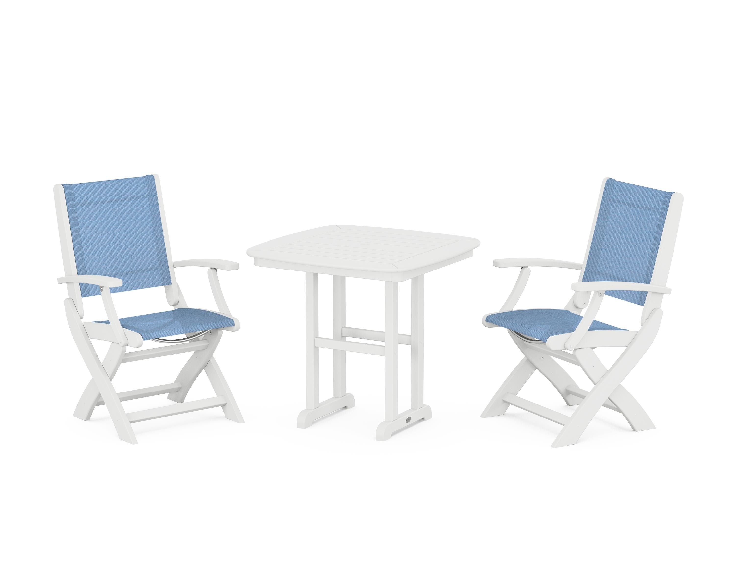 POLYWOOD Coastal Folding Chair 3-Piece Dining Set in White / Poolside Sling