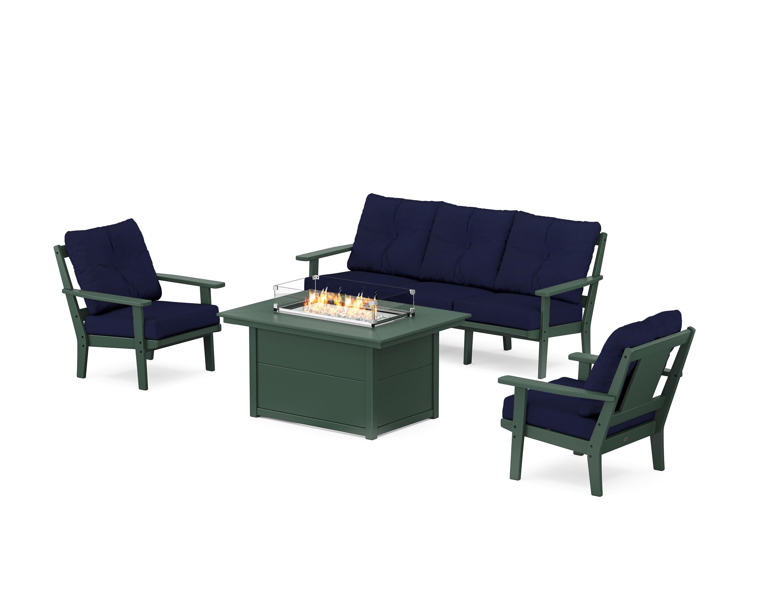 POLYWOOD Prairie Deep Seating Fire Pit Table Set in Green / Navy