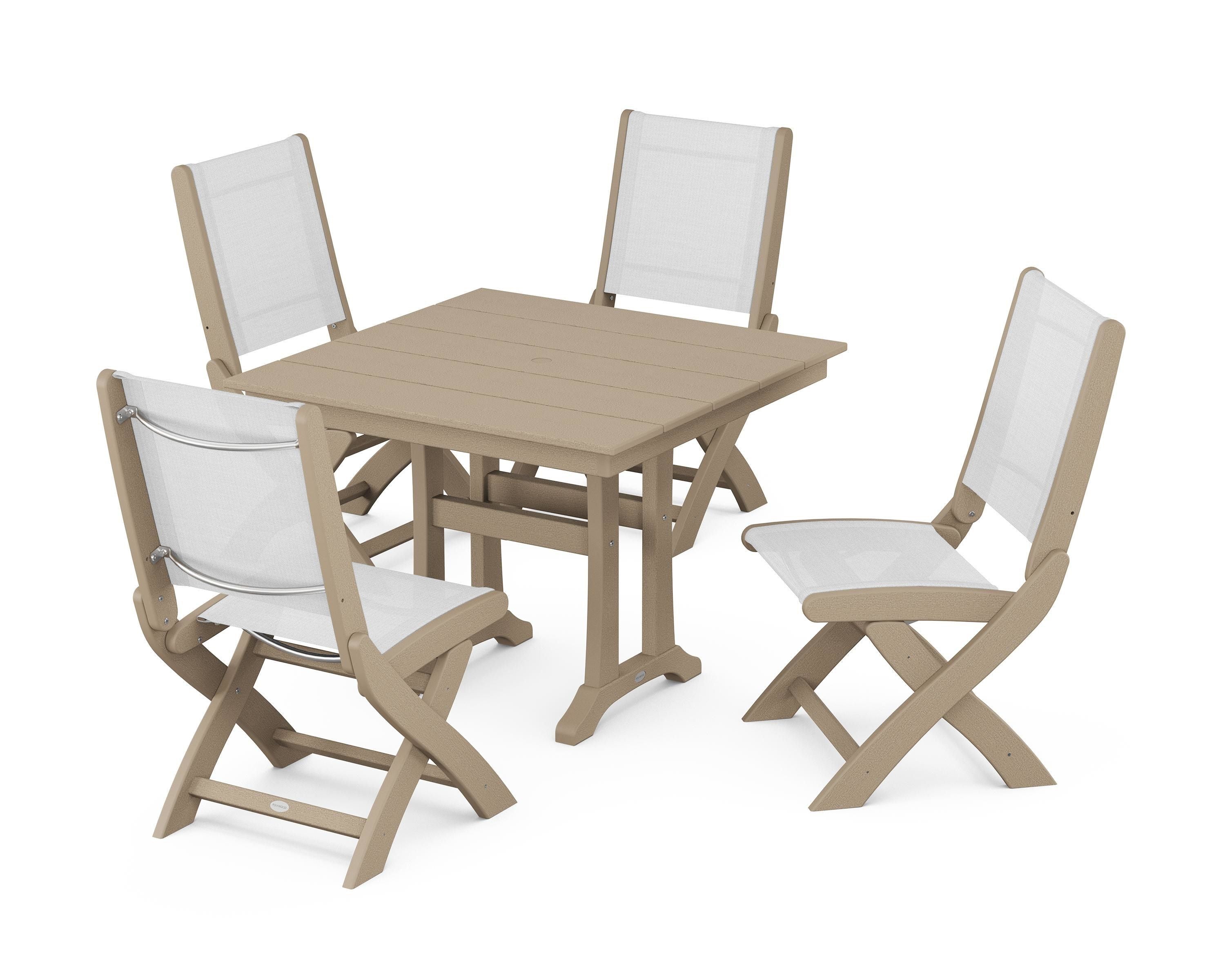 POLYWOOD Coastal Folding Side Chair 5-Piece Farmhouse Dining Set With Trestle Legs in Vintage Sahara / White Sling