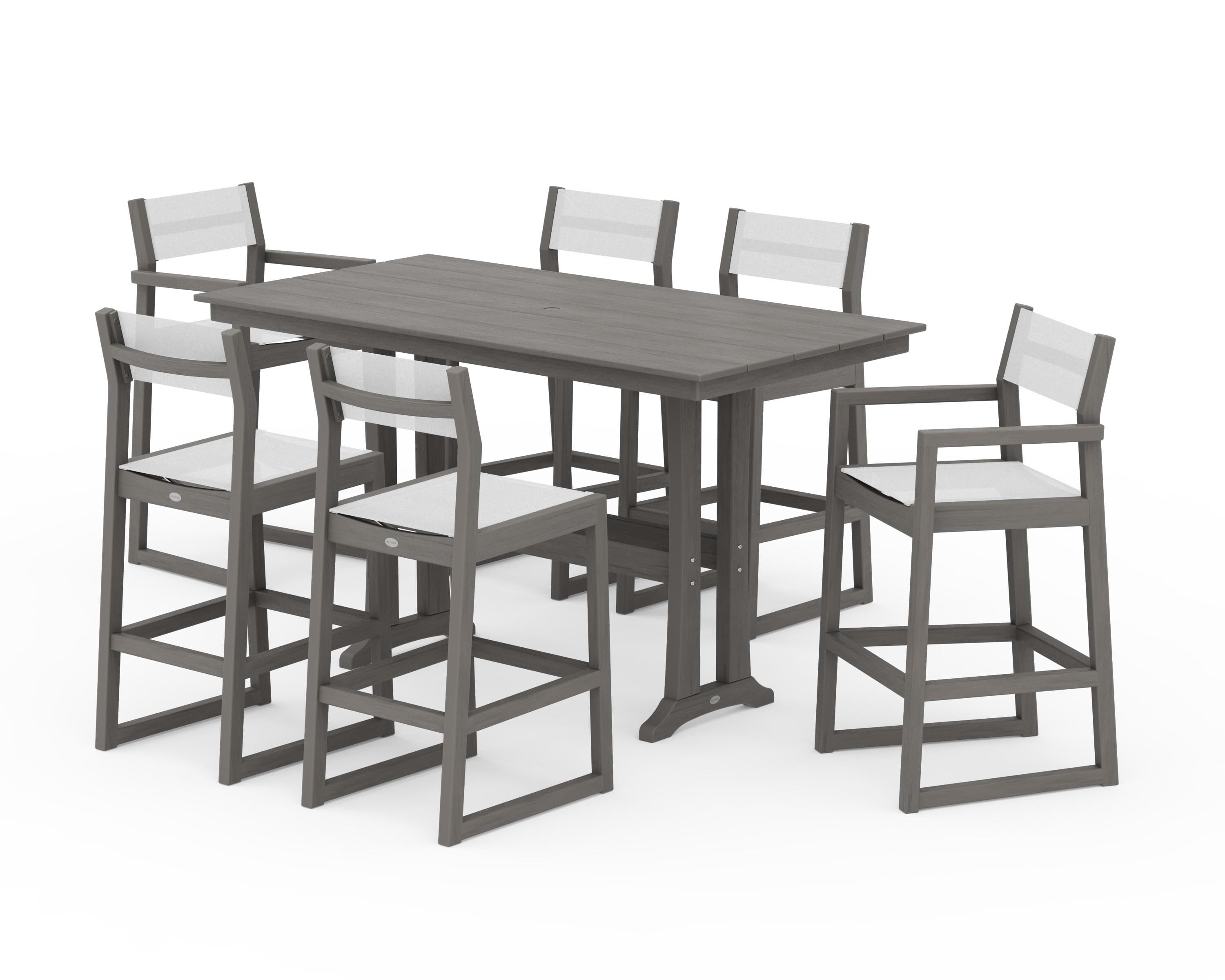 POLYWOOD EDGE Sling 7-Piece Farmhouse Bar Set with Trestle Legs in Driftwood / White Sling