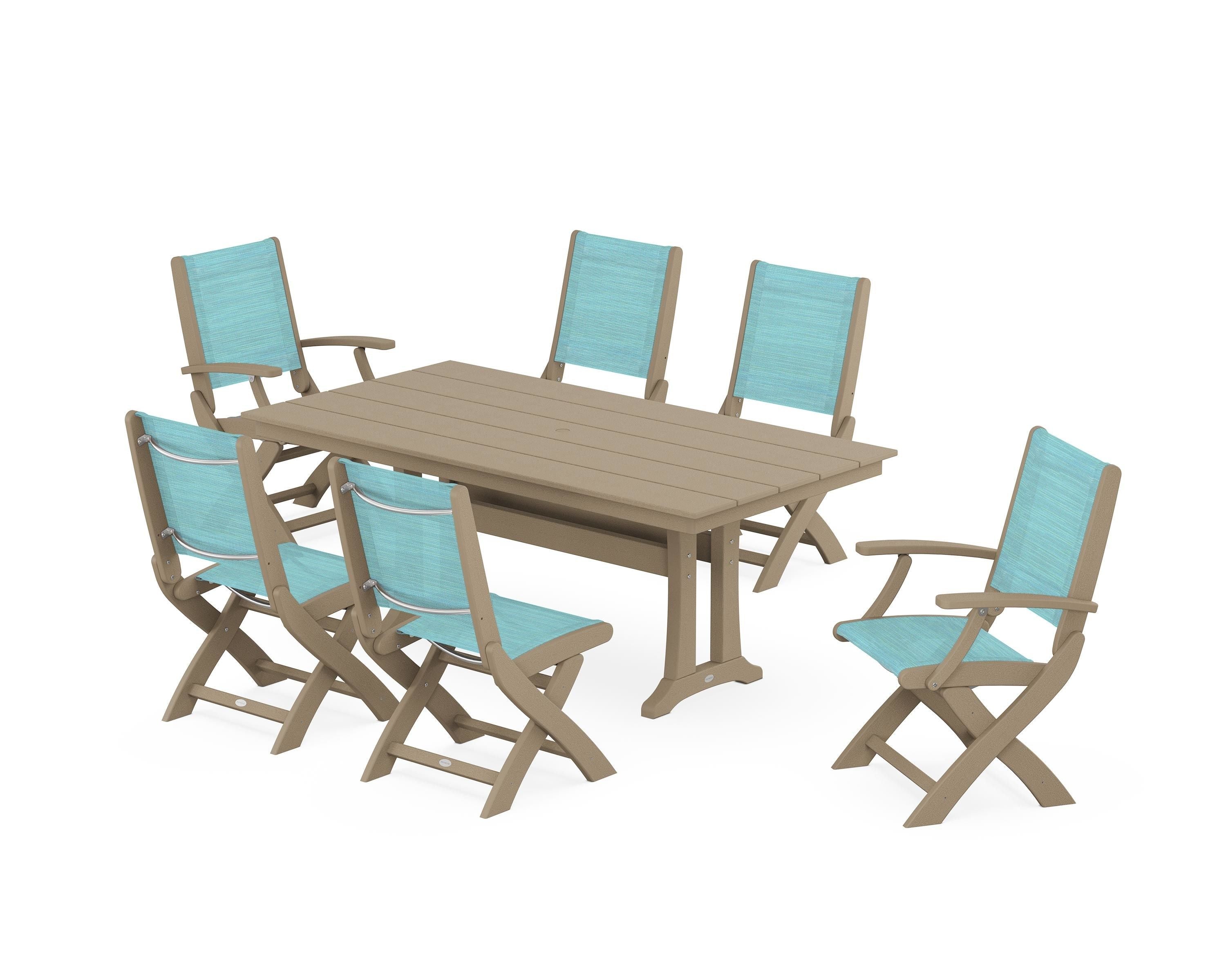 POLYWOOD Coastal Folding Chair 7-Piece Farmhouse Dining Set with Trestle Legs in Vintage Sahara / Dupioni Aquamarine Sling