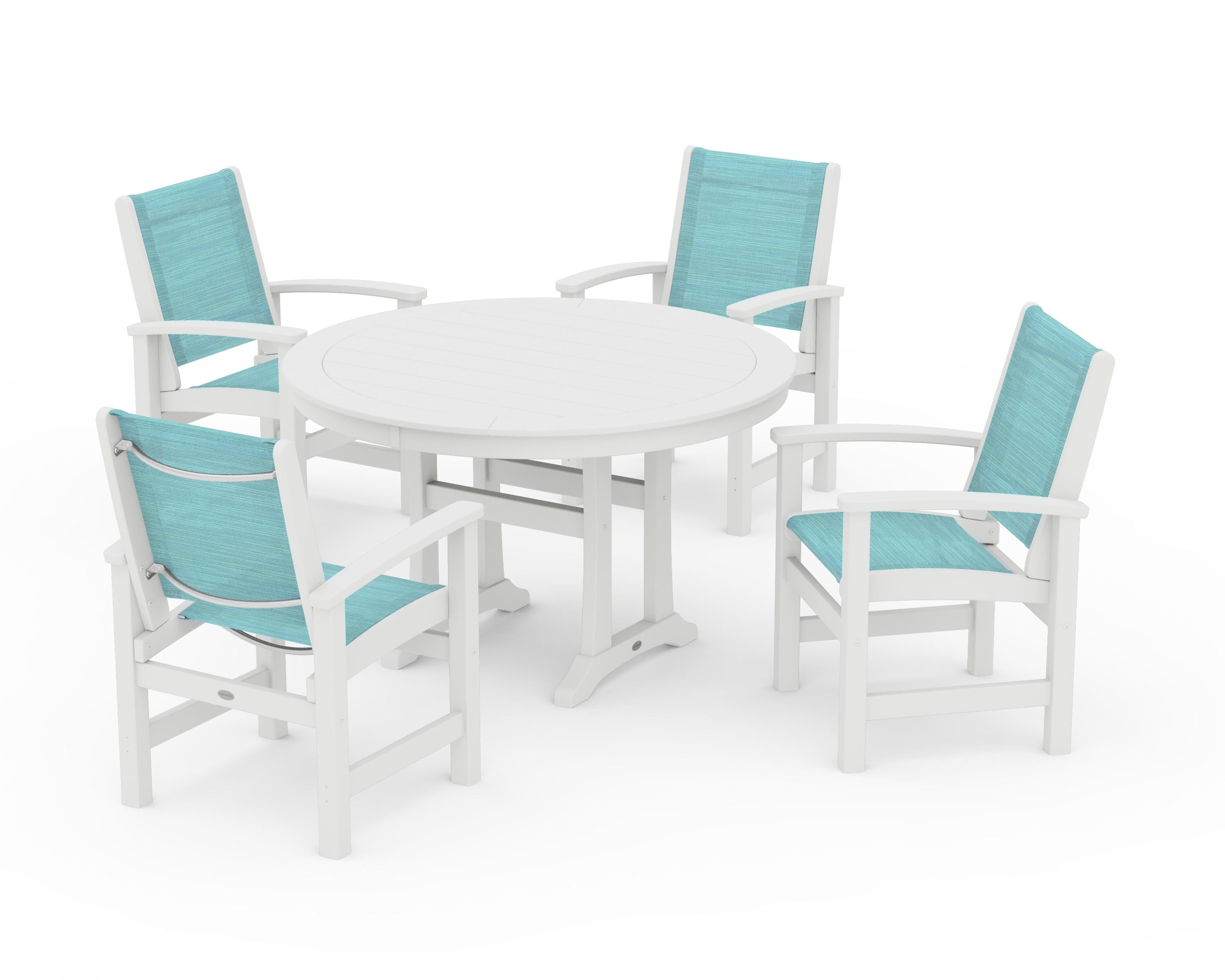 POLYWOOD Coastal 5-Piece Round Dining Set with Trestle Legs in White / Dupioni Aquamarine Sling