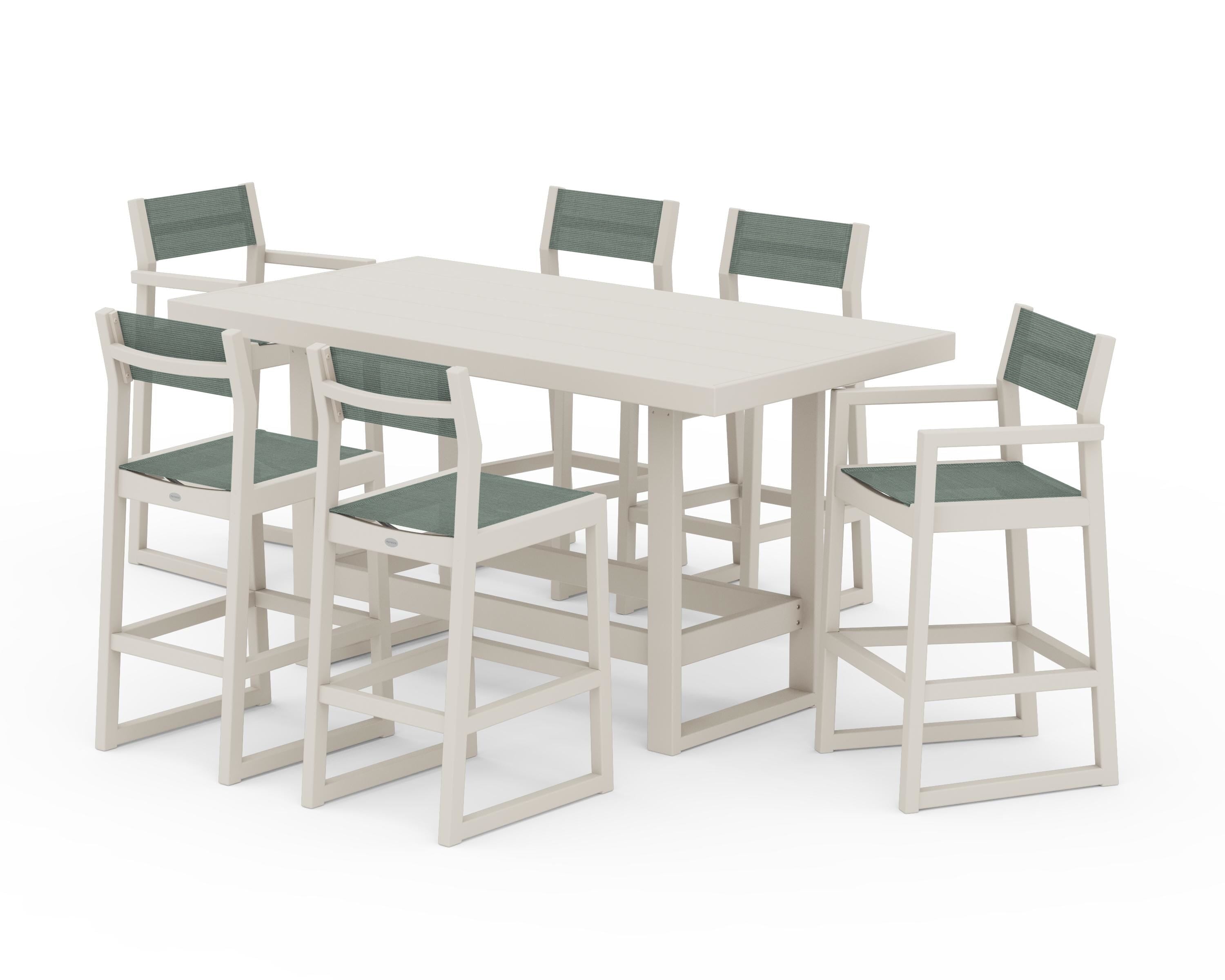 POLYWOOD EDGE Sling 7-Piece Bar Table Set in Sand / Dupioni Sea Mist Sling