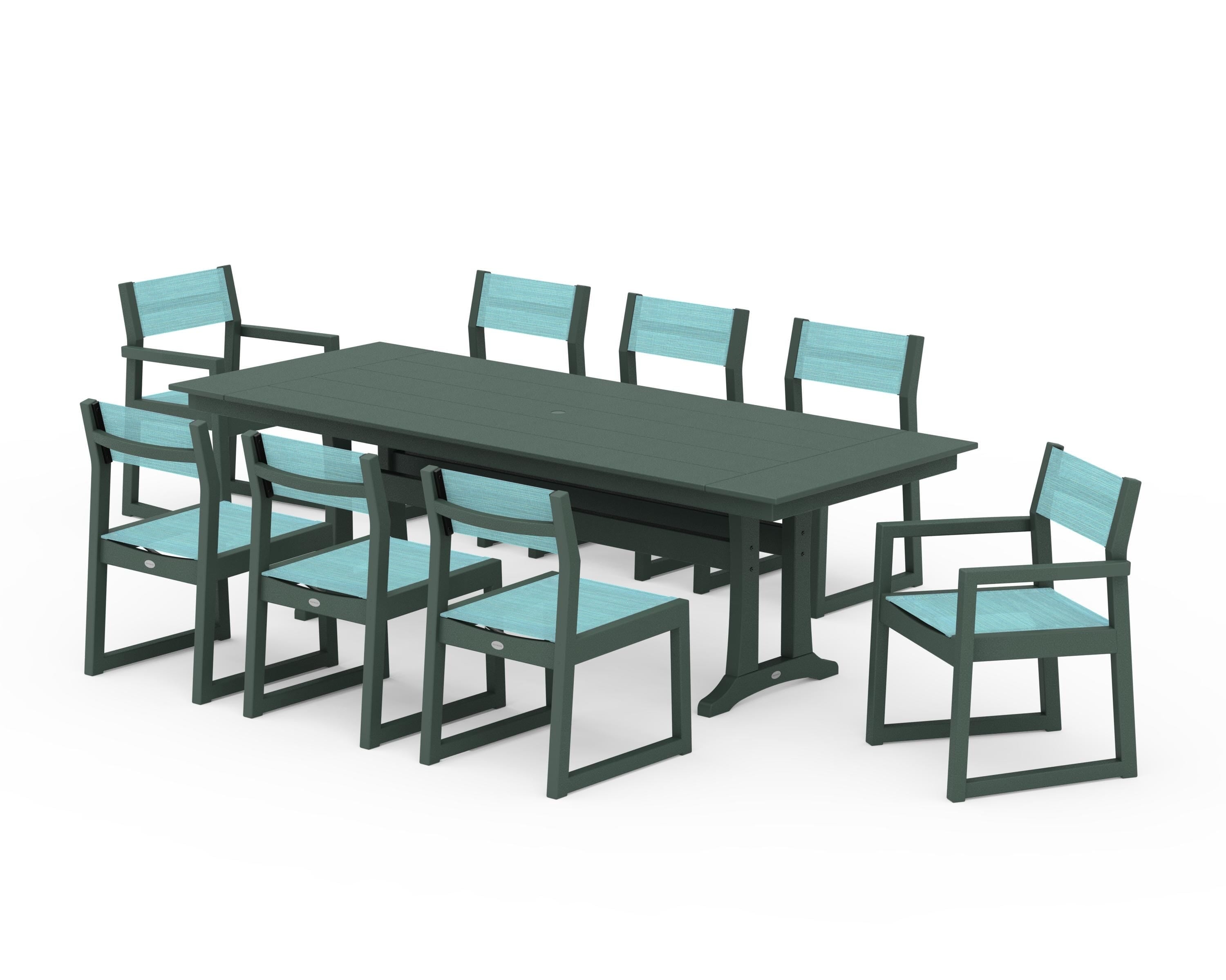 POLYWOOD EDGE Sling 9-Piece Farmhouse Trestle Dining Set in Green / Dupioni Aquamarine Sling