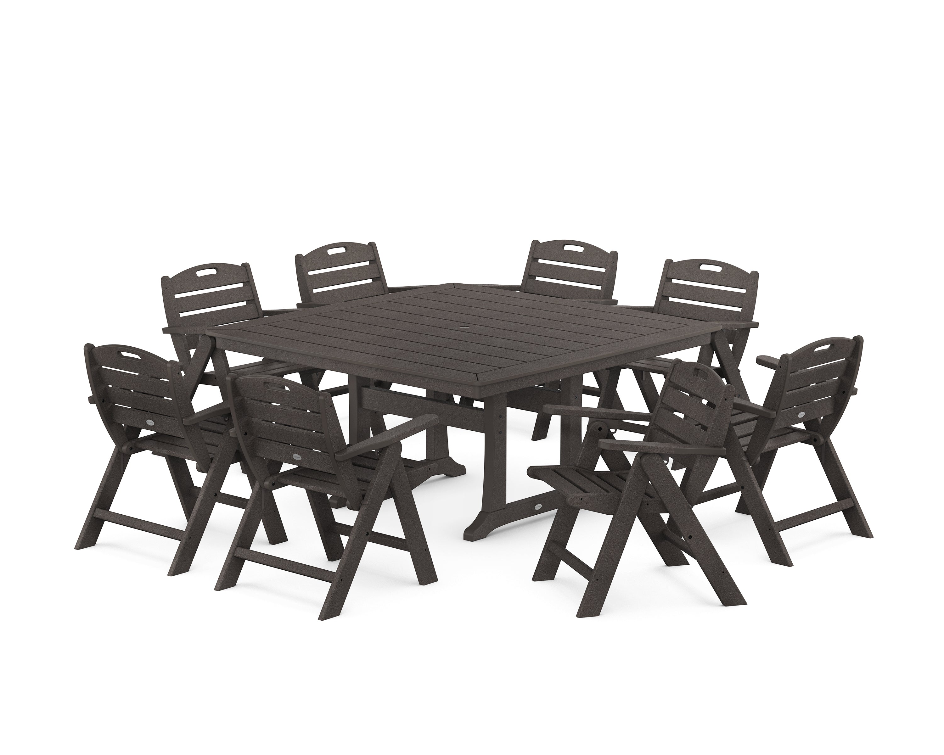 POLYWOOD Nautical Lowback 9-Piece Square Dining Set with Trestle Legs in Vintage Coffee