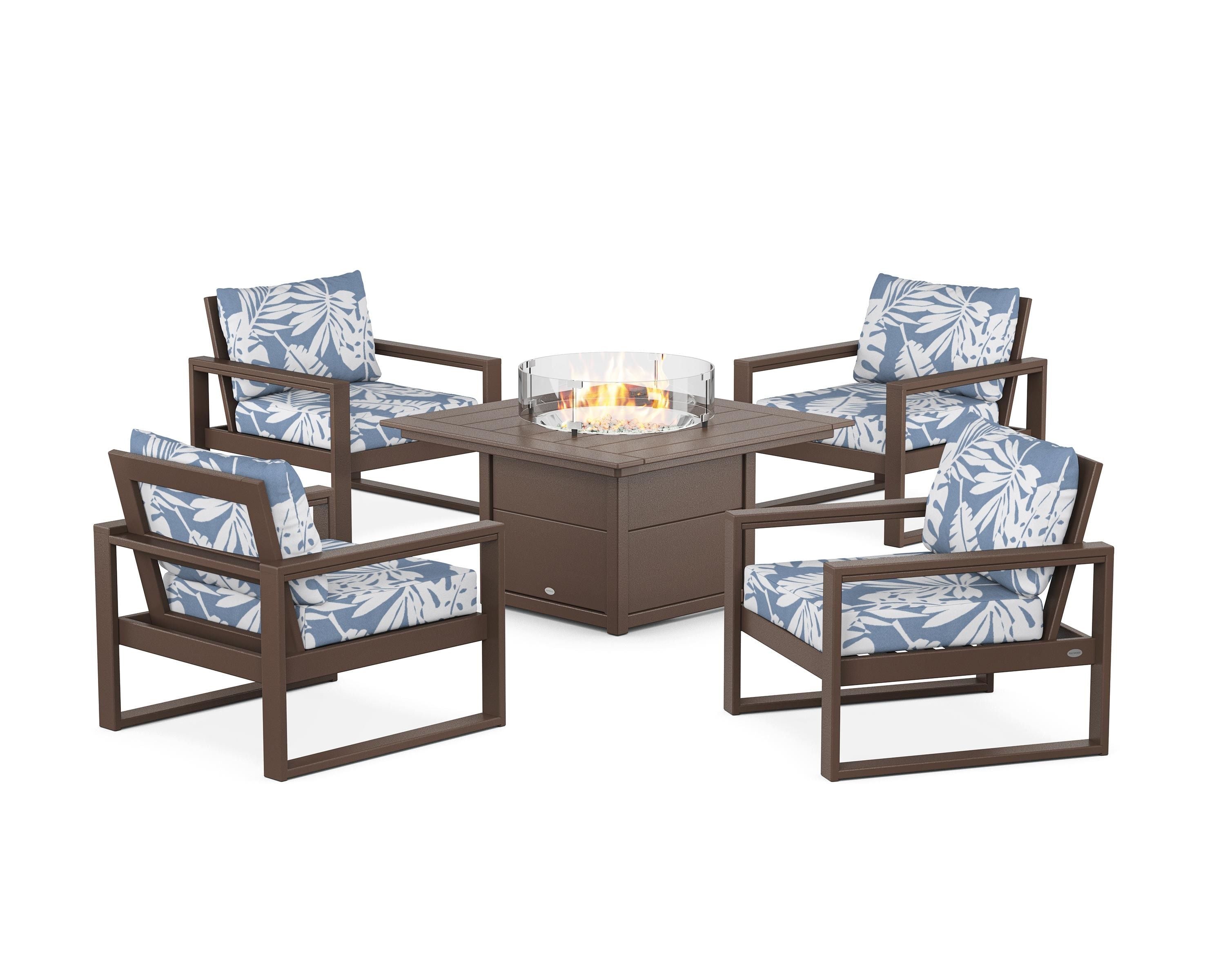 POLYWOOD EDGE Sectional 5-Piece Deep Seating Set with Fire Pit Table in Mahogany / Leaf Sky Blue