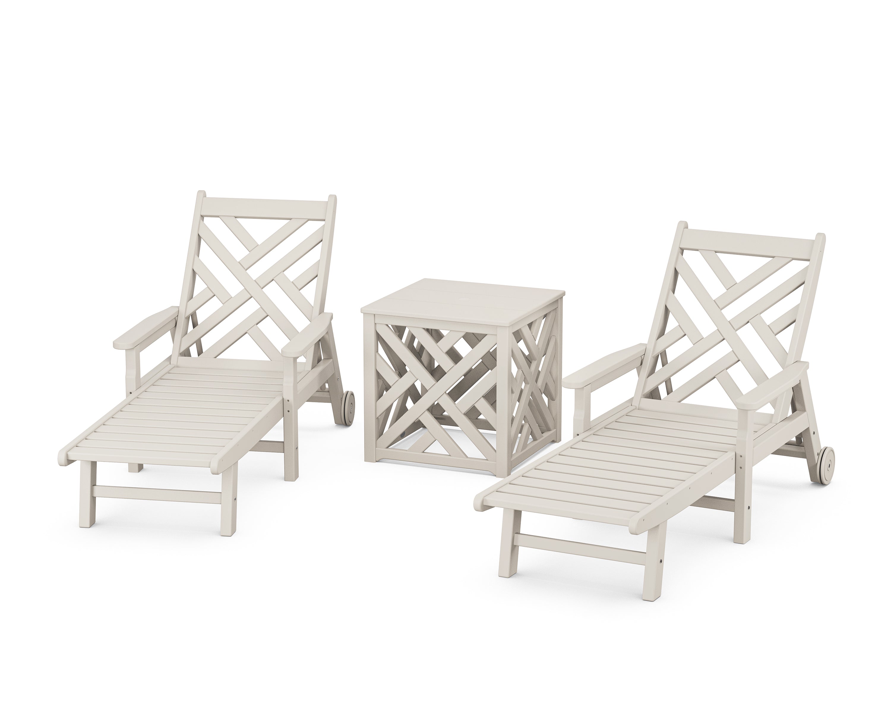 POLYWOOD Chippendale 3-Piece Chaise Set with Umbrella Stand Accent Table in Sand