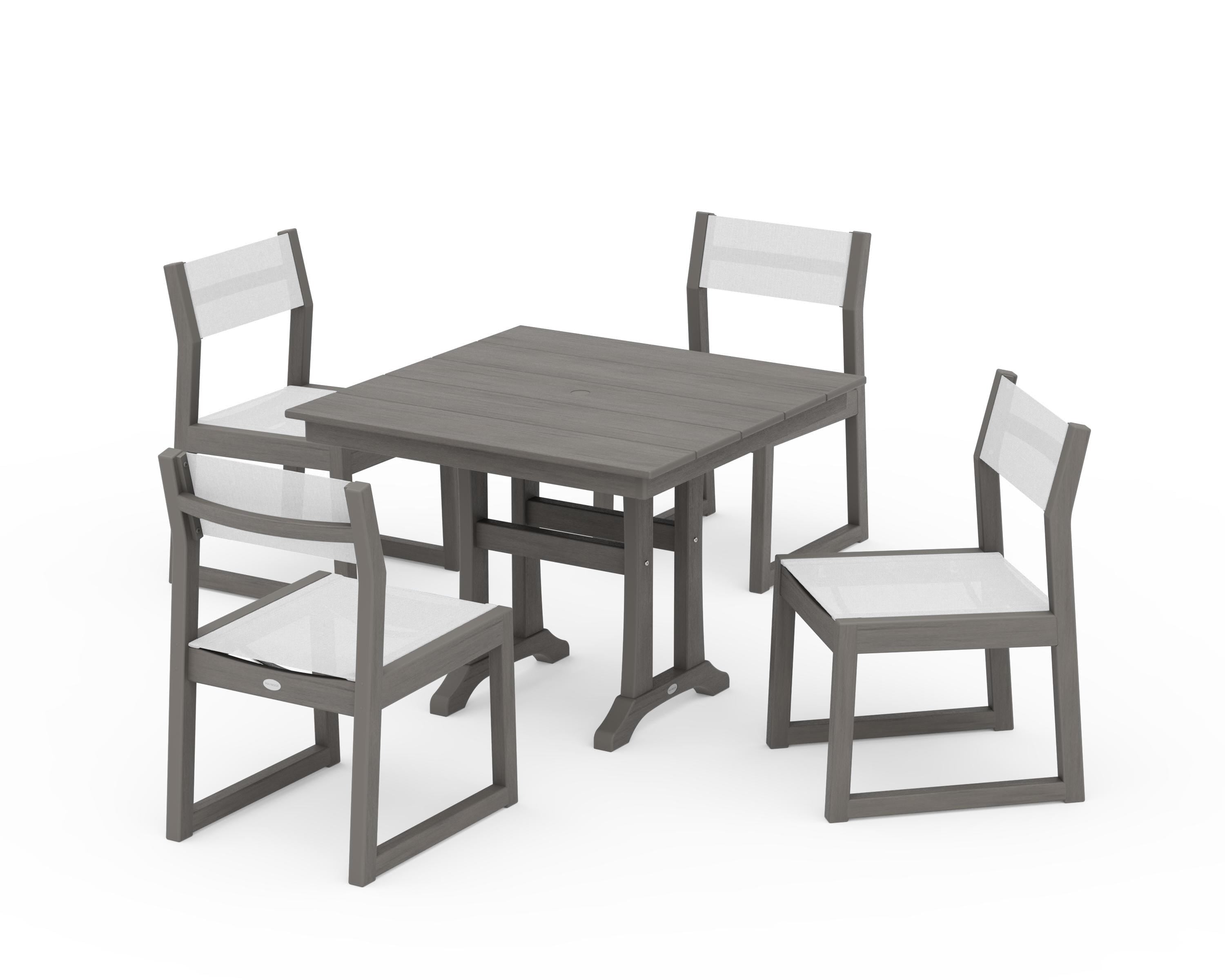 POLYWOOD EDGE Sling 5-Piece Farmhouse Trestle Side Chair Dining Set in Driftwood / White Sling