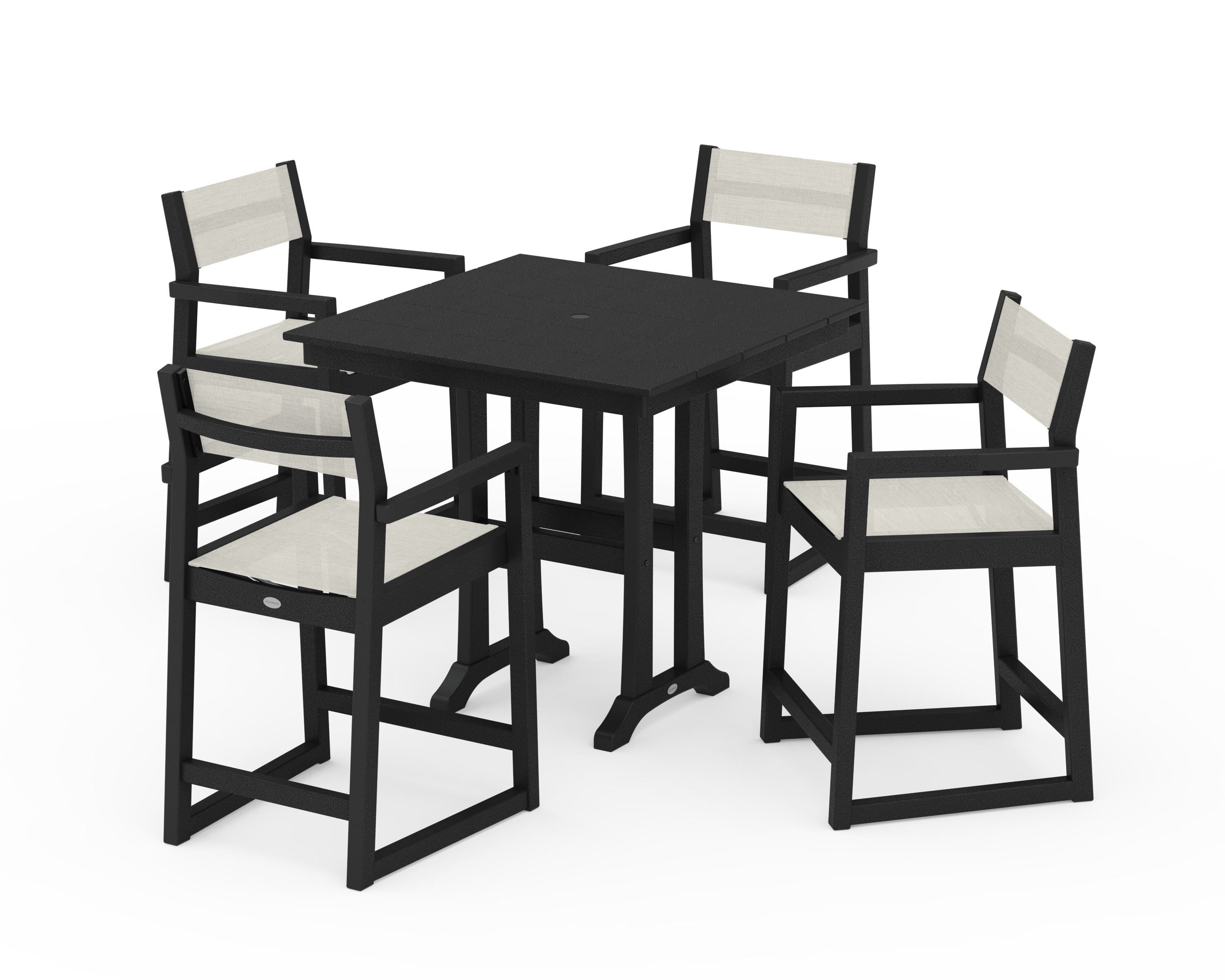POLYWOOD EDGE Sling Arm Chair 5-Piece Farmhouse Counter Set with Trestle Legs in Black / Parchment Sling