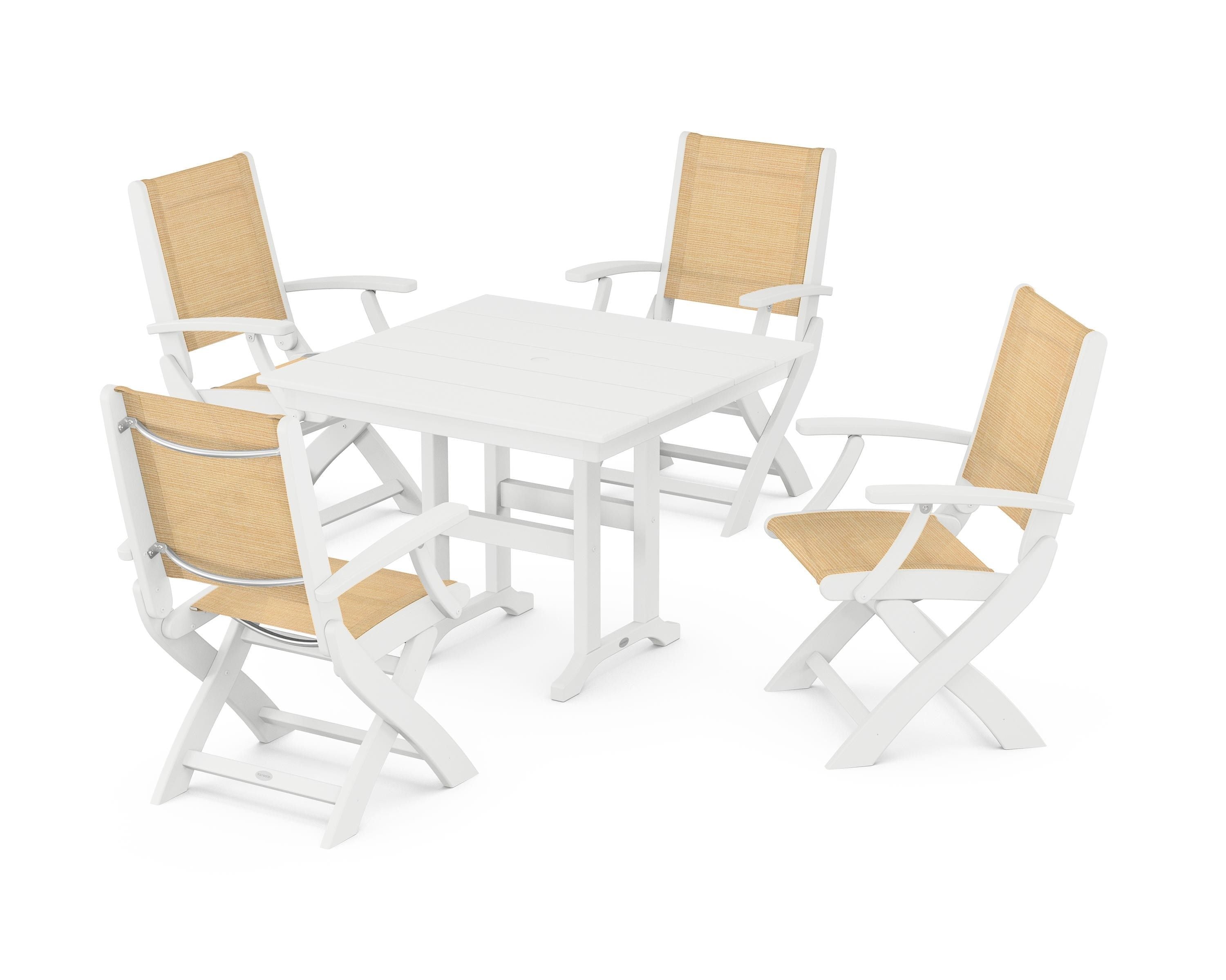 POLYWOOD Coastal Folding Chair 5-Piece Farmhouse Dining Set in White / Dupioni Apricot Sling