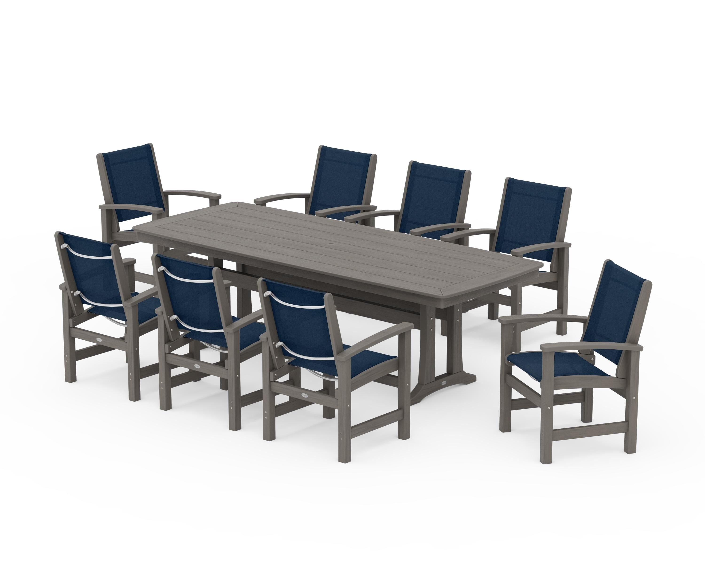 POLYWOOD Coastal 9-Piece Dining Set with Trestle Legs in Driftwood / Navy Blue Sling