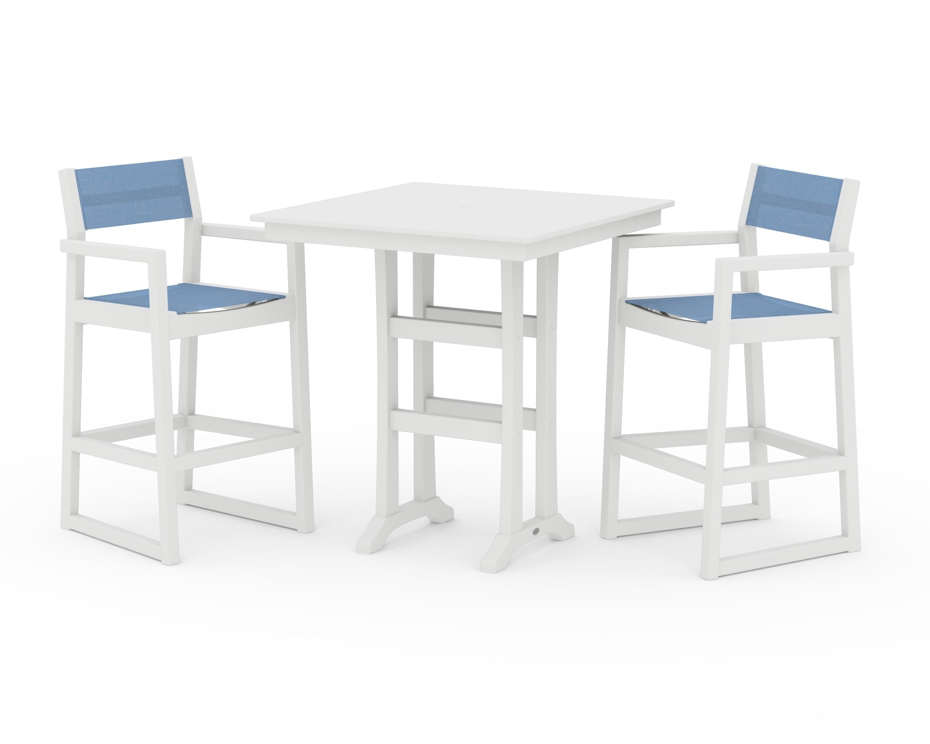 POLYWOOD EDGE Sling Arm Chair 3-Piece Farmhouse Bar Set with Trestle Legs in White / Poolside Sling