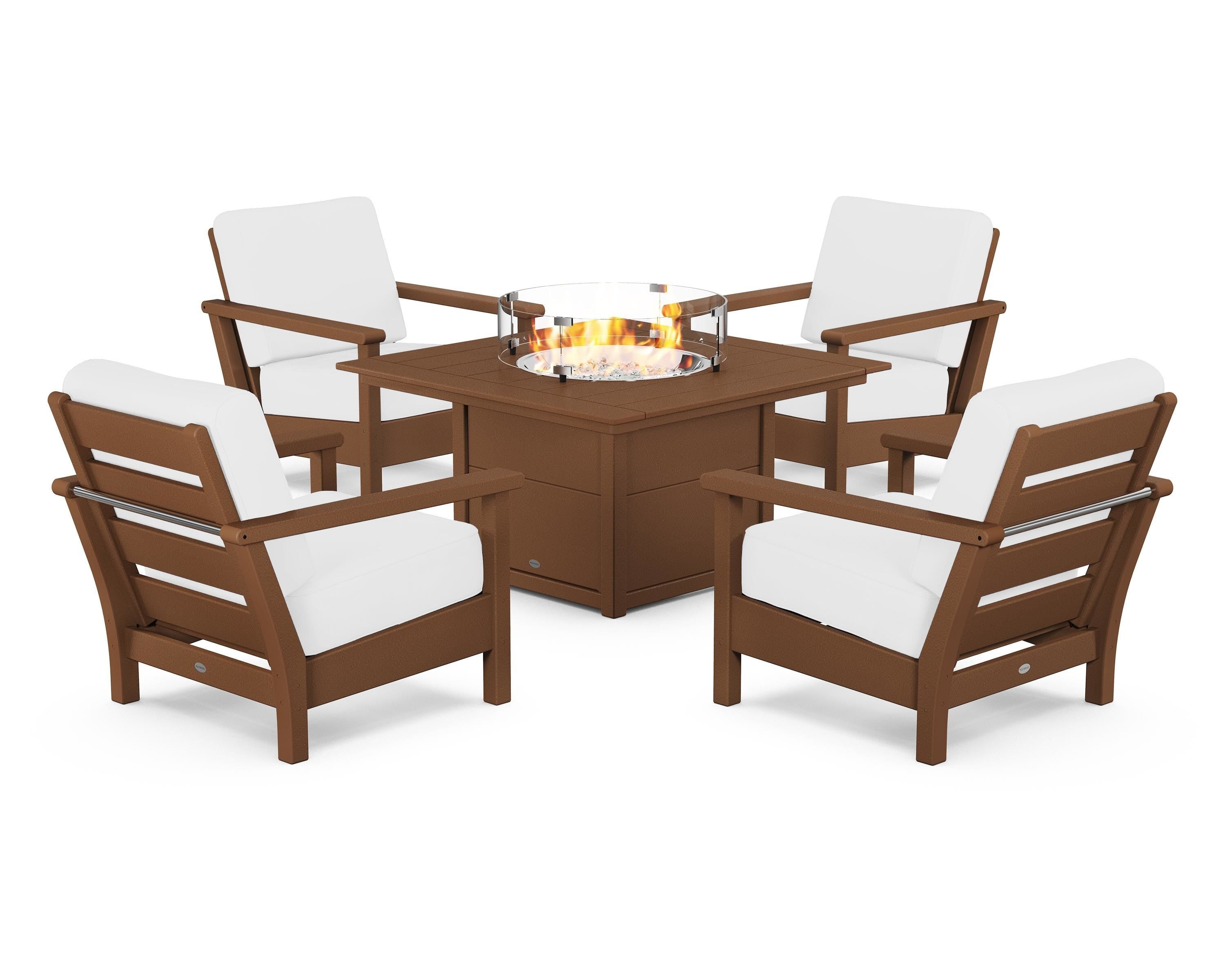 POLYWOOD Harbour 5-Piece Conversation Set with Fire Pit Table in Teak / Natural