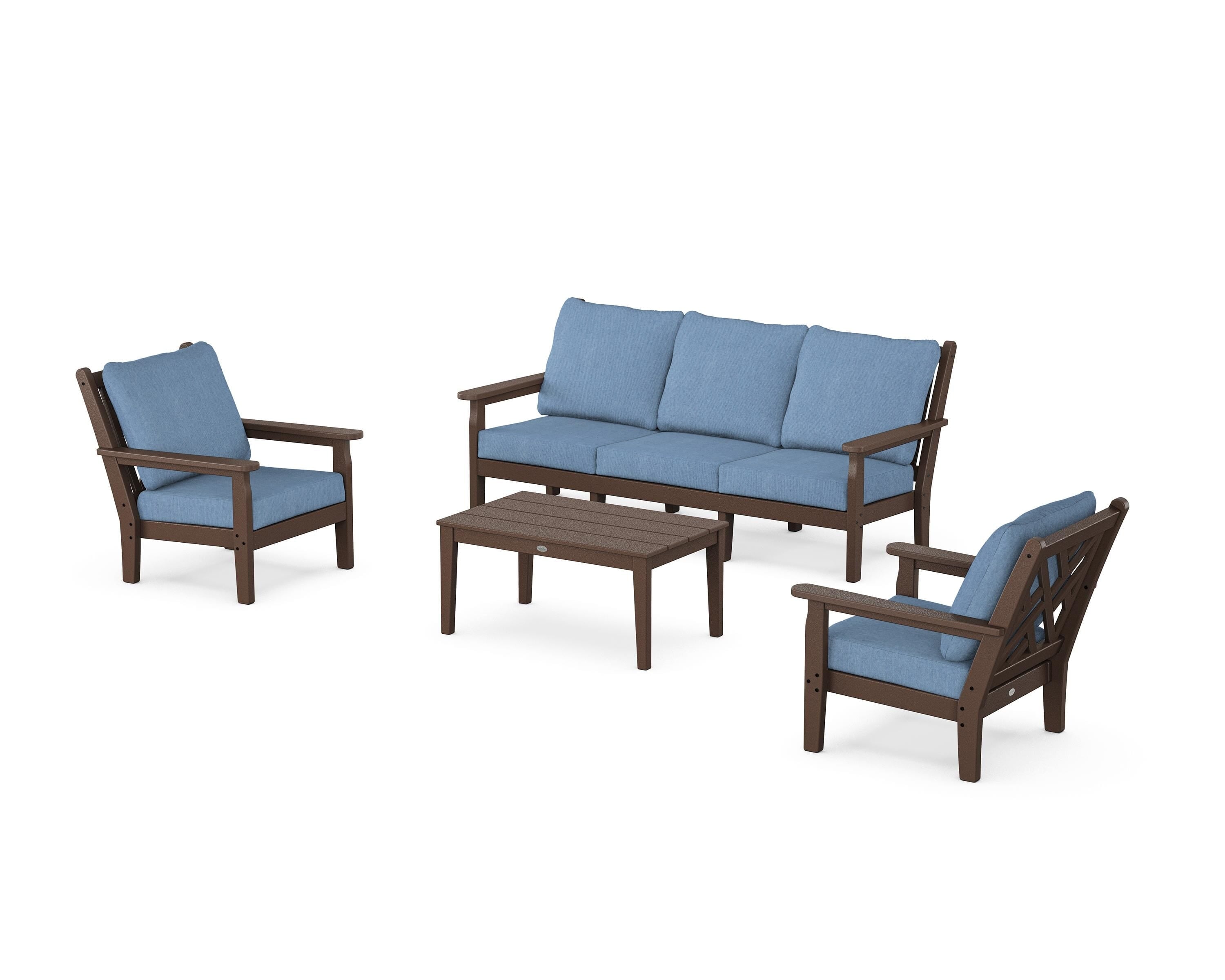 POLYWOOD Chippendale 4-Piece Deep Seating Set with Sofa in Mahogany / Sky Blue