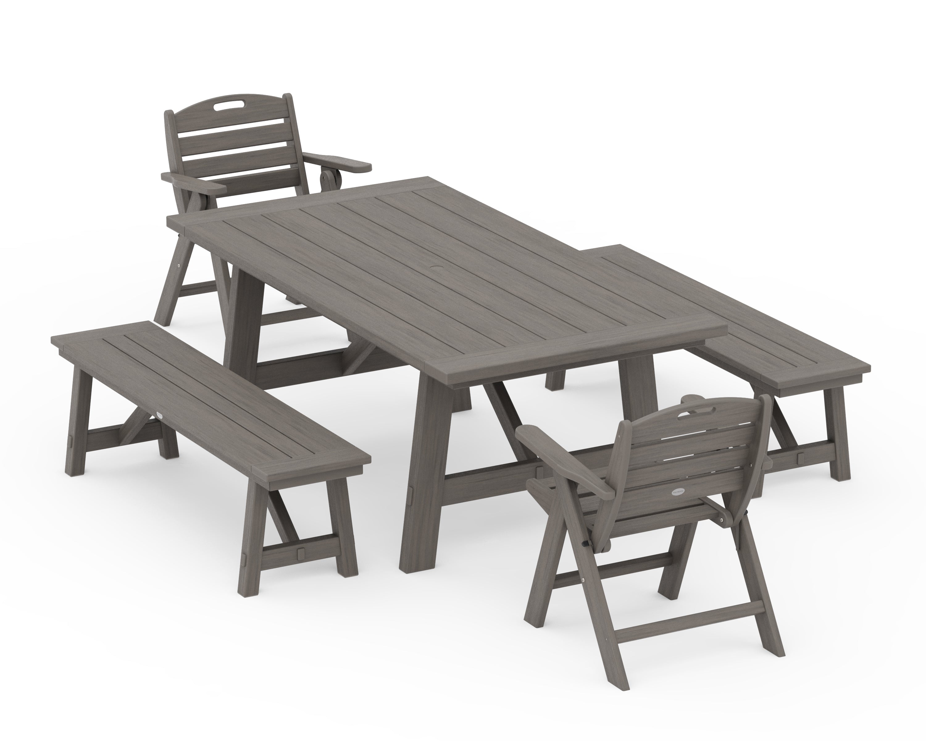 POLYWOOD Nautical Folding Lowback Chair 5-Piece Rustic Farmhouse Dining Set With Benches in Driftwood
