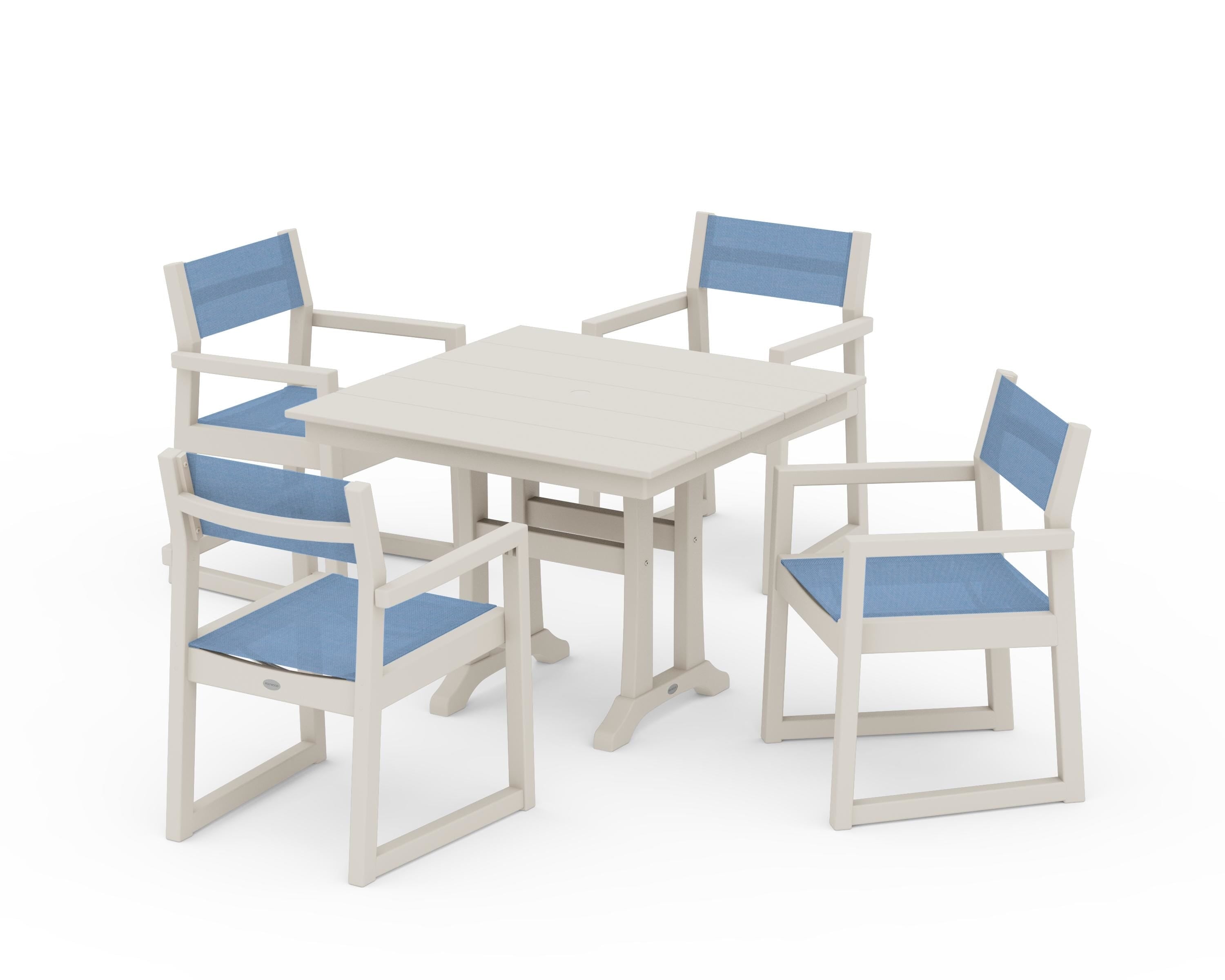 POLYWOOD EDGE Sling 5-Piece Farmhouse Dining Set with Trestle Legs in Sand / Poolside Sling