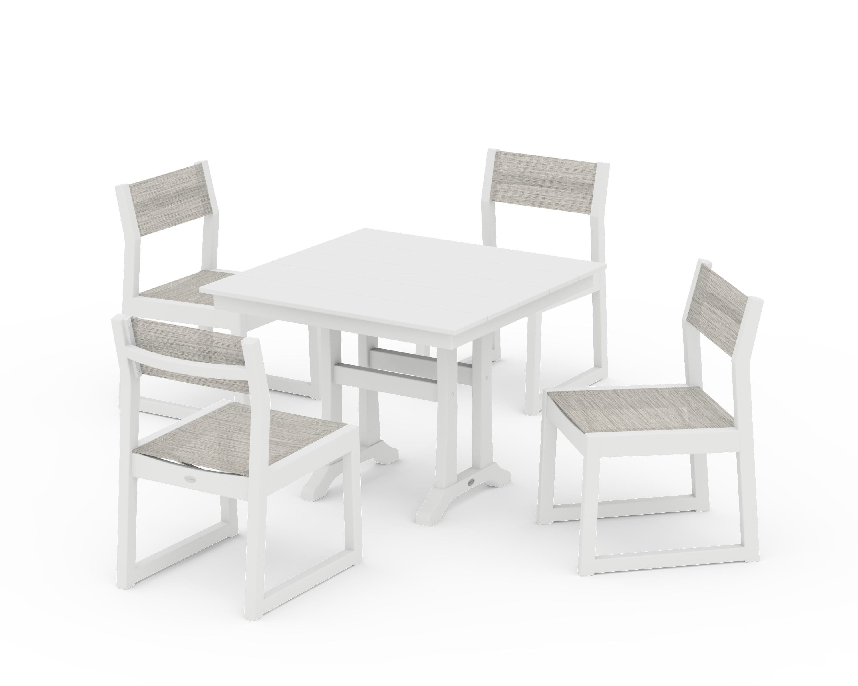 POLYWOOD EDGE Sling 5-Piece Farmhouse Trestle Side Chair Dining Set in White / Birch Sling