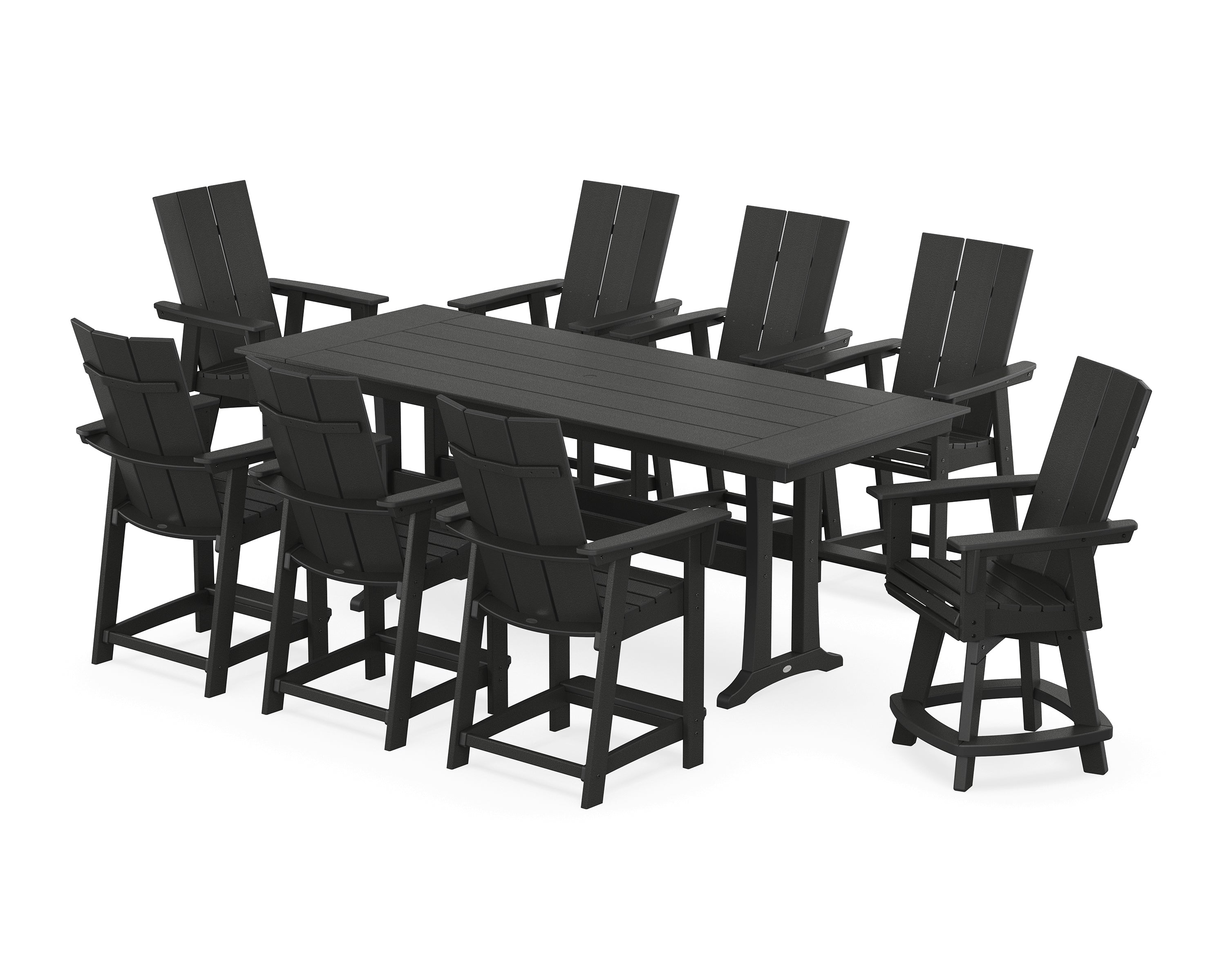 POLYWOOD® Modern Curveback Adirondack Swivel 9-Piece Farmhouse Counter Set with Trestle Legs in Black