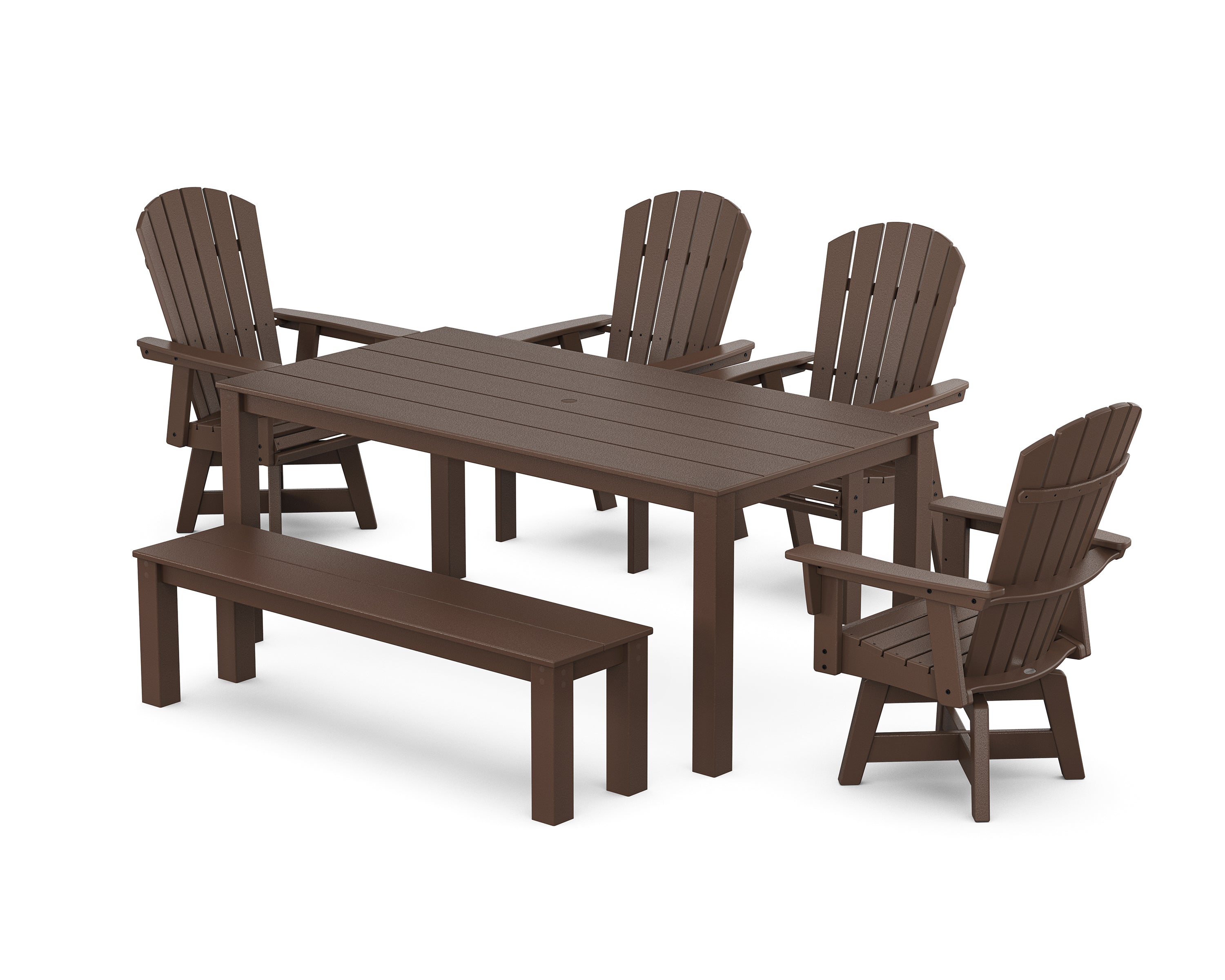 POLYWOOD Nautical Curveback Adirondack Swivel 6-Piece Parsons Dining Set with Bench in Mahogany