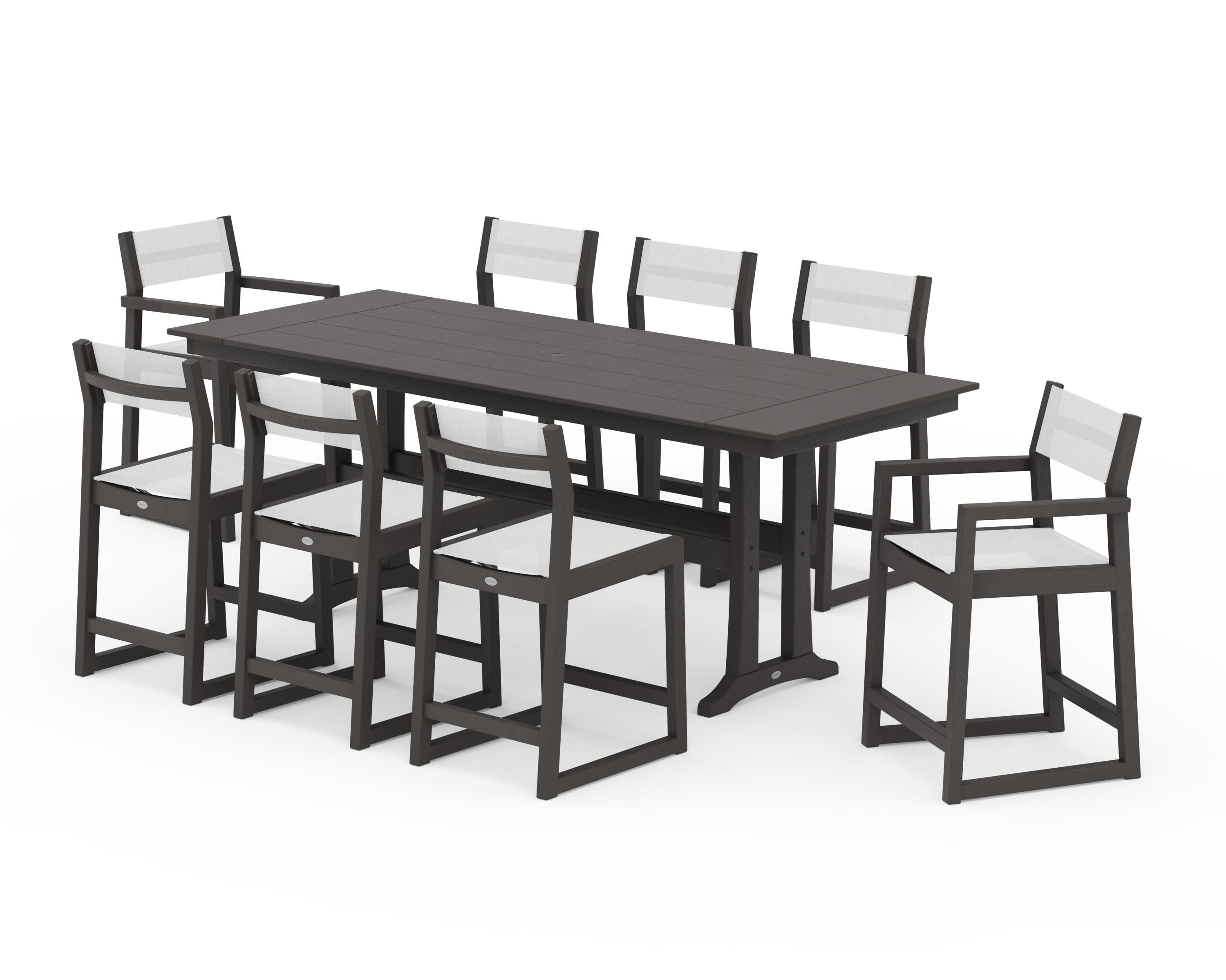POLYWOOD EDGE Sling 9-Piece Farmhouse Counter Set with Trestle Legs in Vintage Coffee / White Sling