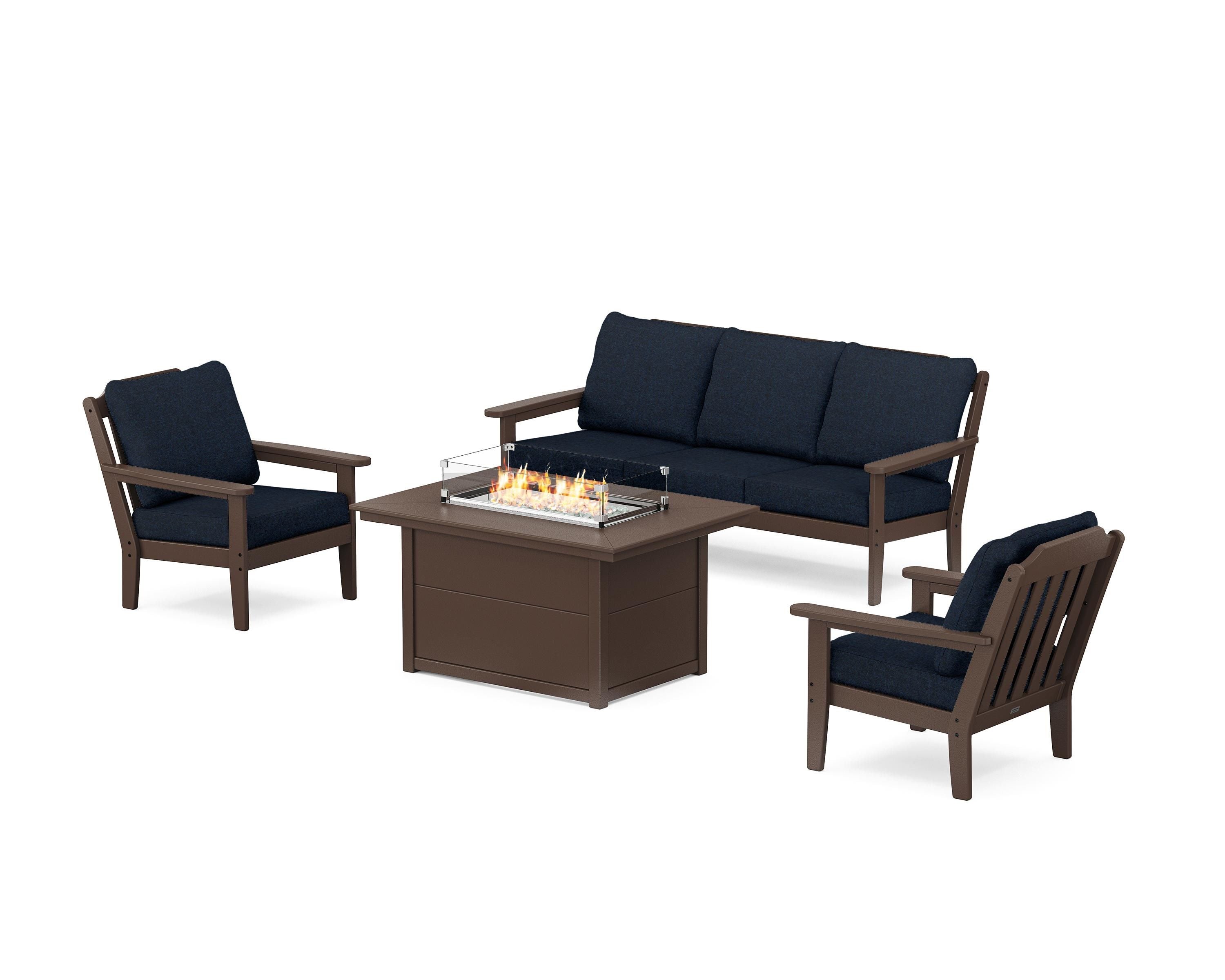 Country Living Cottage Deep Seating Fire Pit Table Set in Mahogany / Marine Indigo