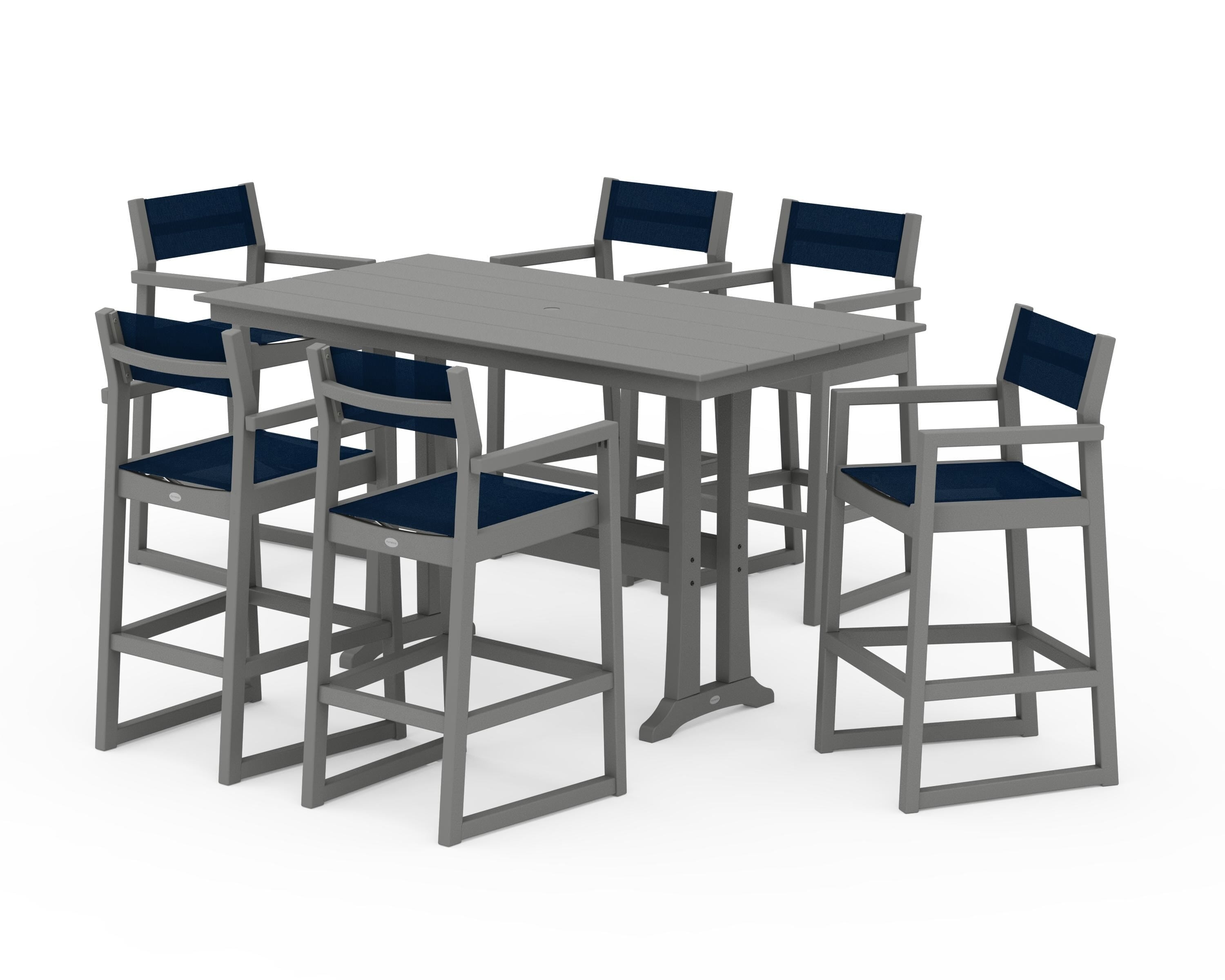POLYWOOD EDGE Sling Arm Chair 7-Piece Farmhouse Bar Set with Trestle Legs in Slate Grey / Navy Blue Sling